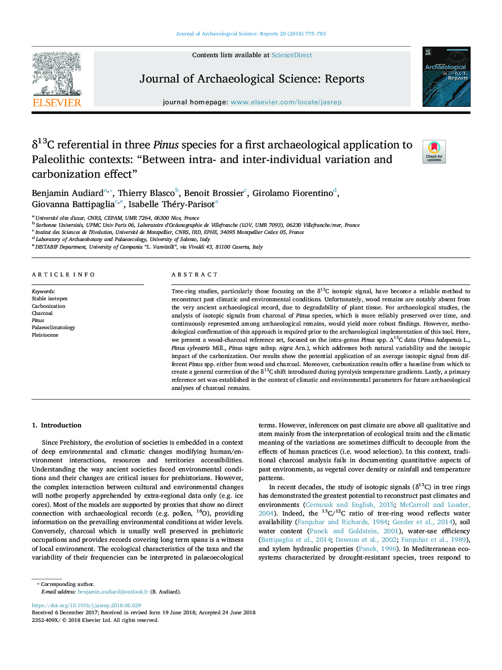 Î´13C referential in three Pinus species for a first archaeological application to Paleolithic contexts: “Between intra- and inter-individual variation and carbonization effect”