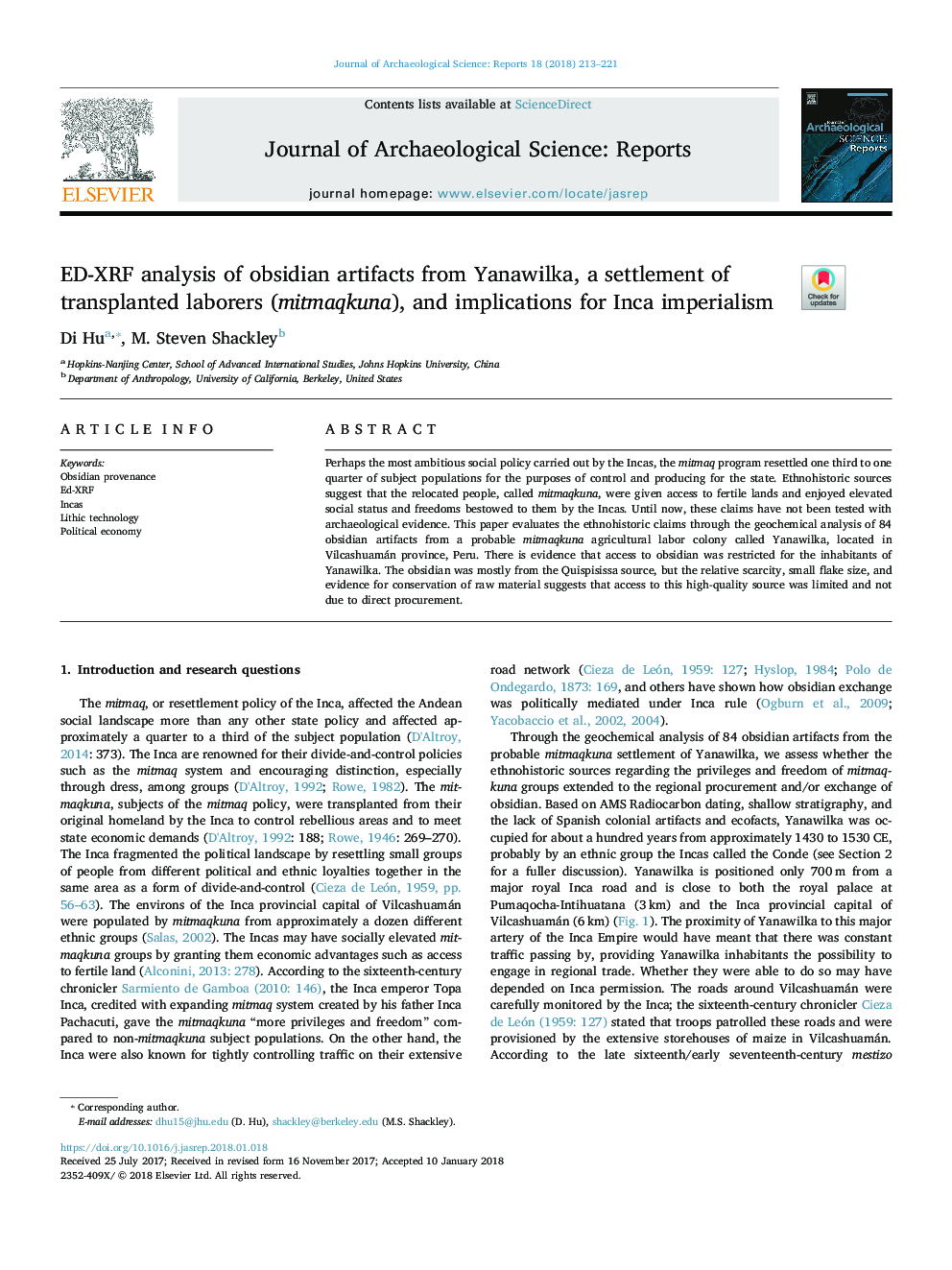 ED-XRF analysis of obsidian artifacts from Yanawilka, a settlement of transplanted laborers (mitmaqkuna), and implications for Inca imperialism