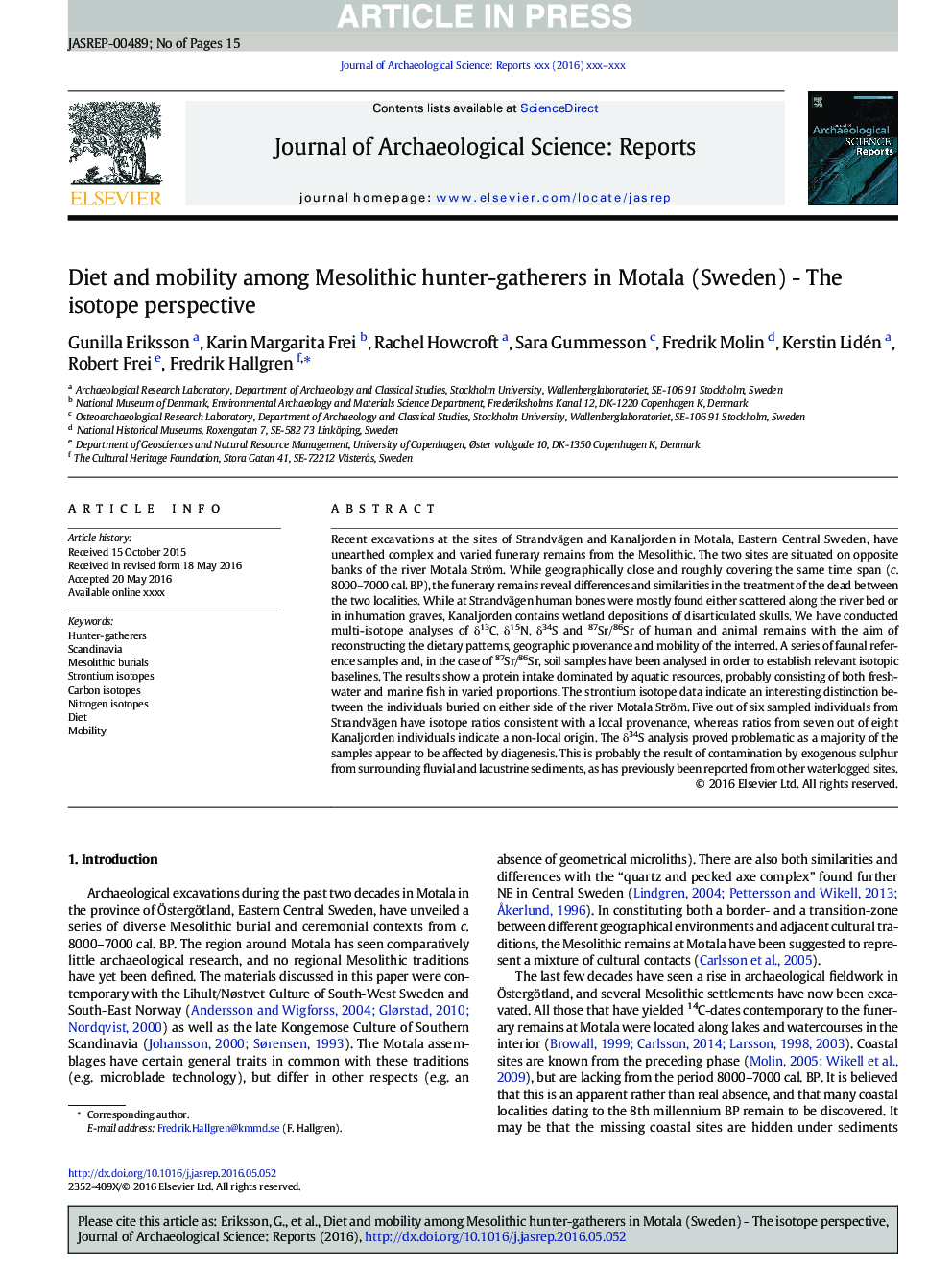 Diet and mobility among Mesolithic hunter-gatherers in Motala (Sweden) - The isotope perspective