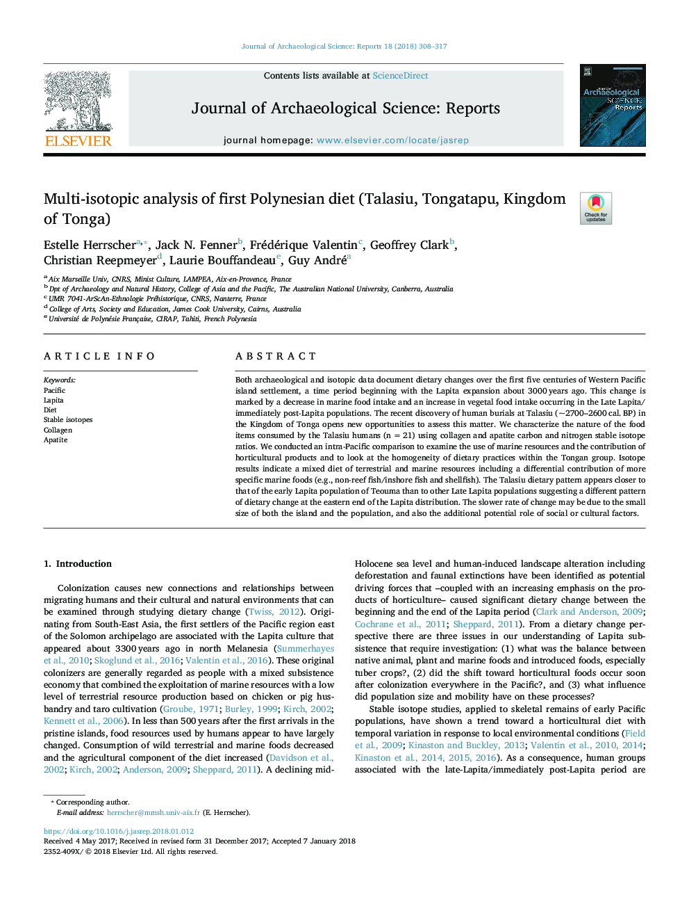 Multi-isotopic analysis of first Polynesian diet (Talasiu, Tongatapu, Kingdom of Tonga)