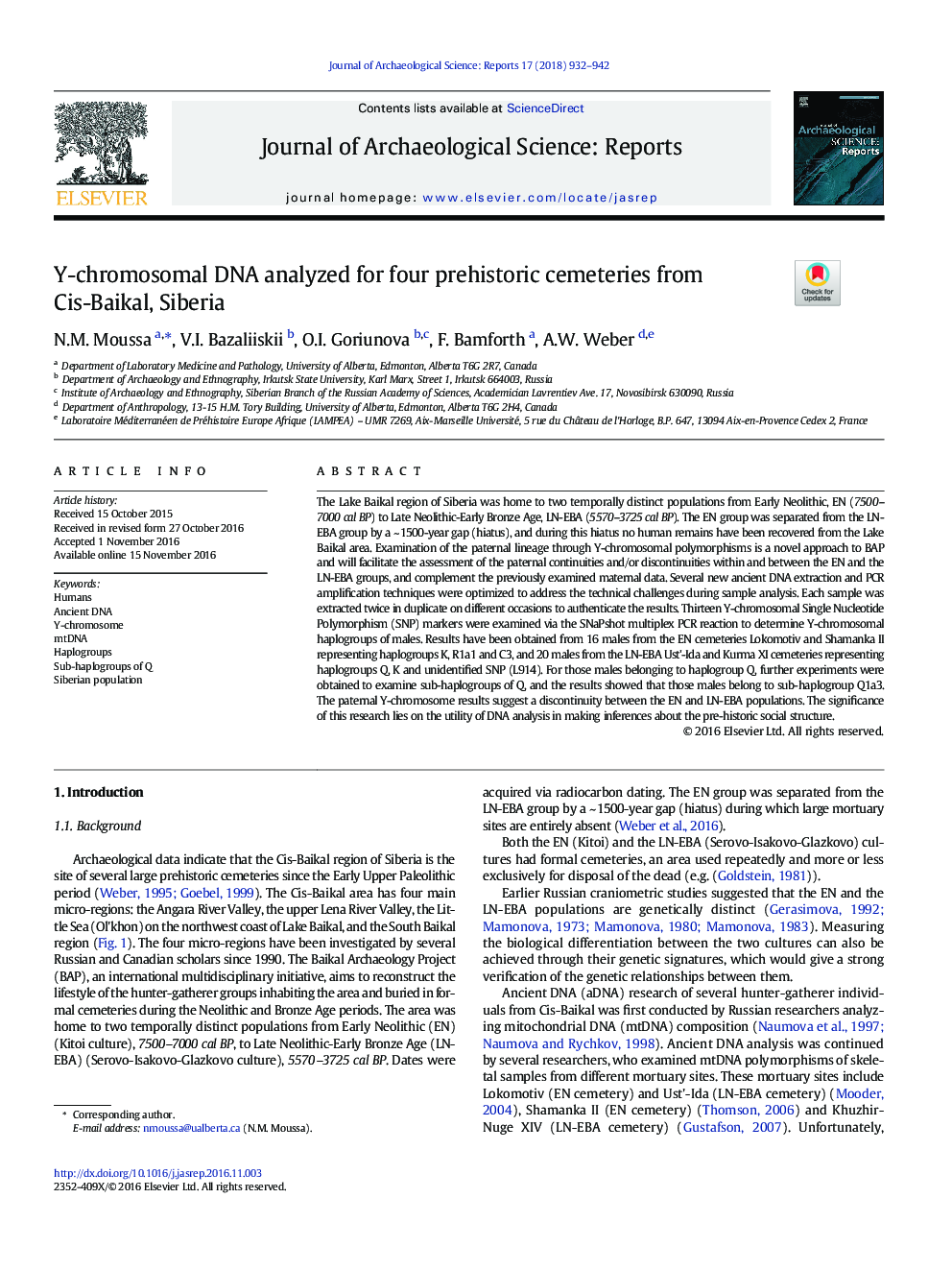 Y-chromosomal DNA analyzed for four prehistoric cemeteries from Cis-Baikal, Siberia