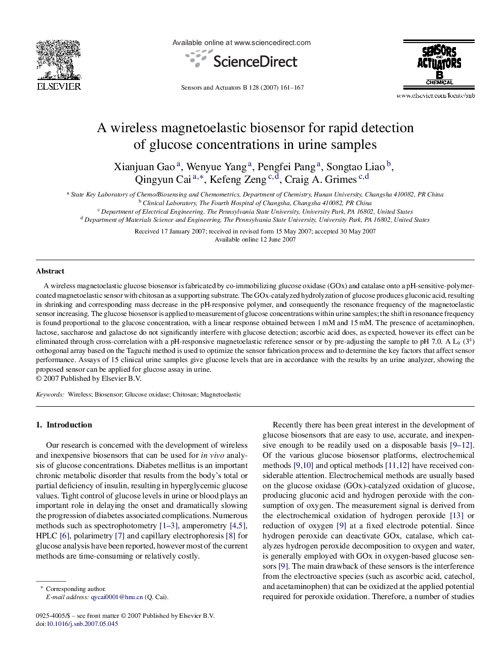 A wireless magnetoelastic biosensor for rapid detection of glucose concentrations in urine samples