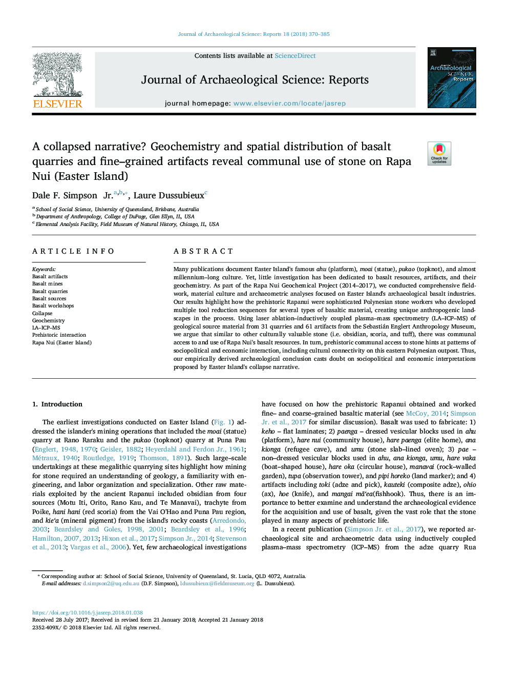 A collapsed narrative? Geochemistry and spatial distribution of basalt quarries and fine-grained artifacts reveal communal use of stone on Rapa Nui (Easter Island)