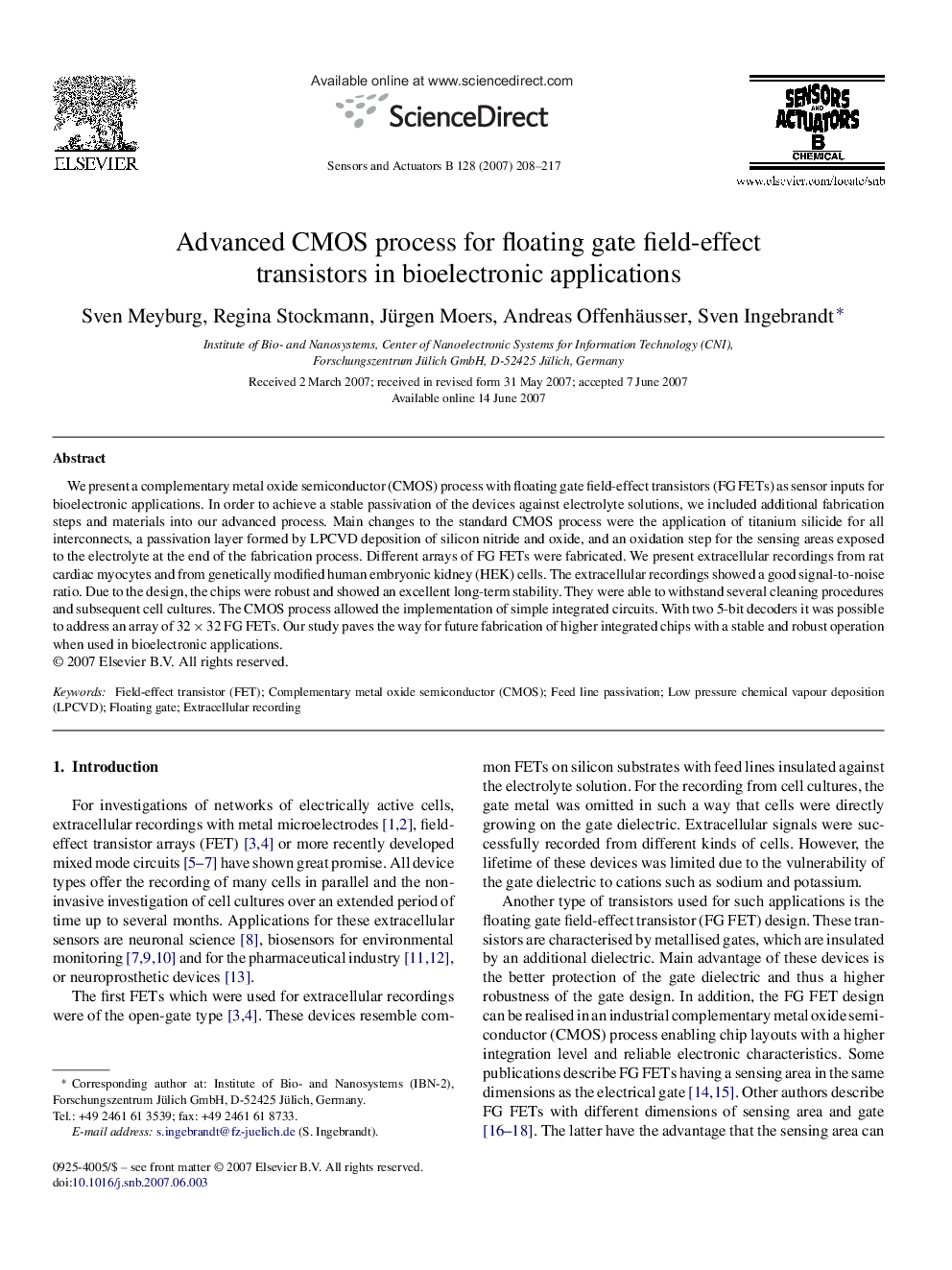 Advanced CMOS process for floating gate field-effect transistors in bioelectronic applications