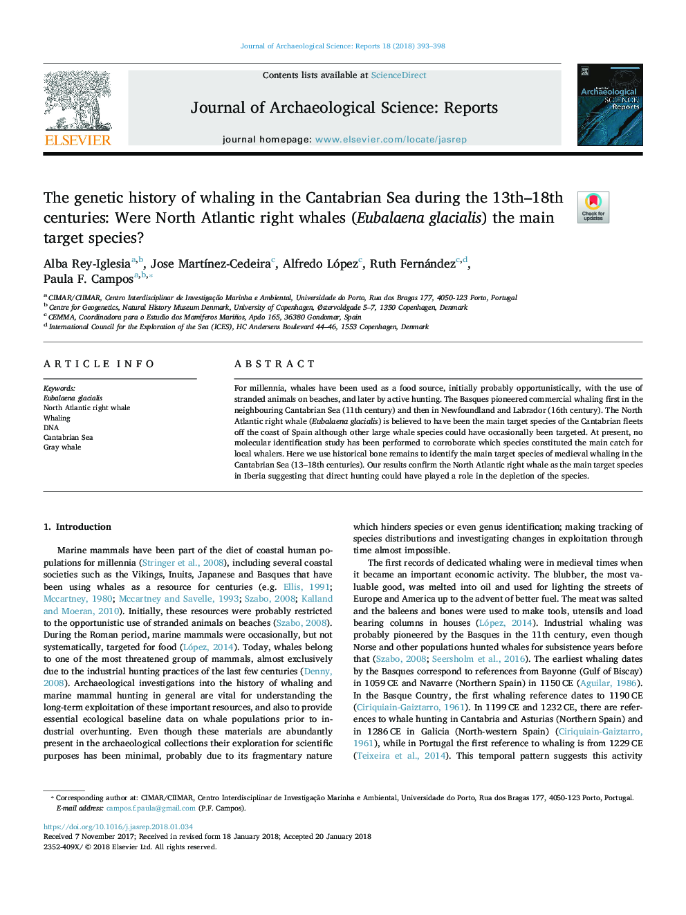 The genetic history of whaling in the Cantabrian Sea during the 13th-18th centuries: Were North Atlantic right whales (Eubalaena glacialis) the main target species?