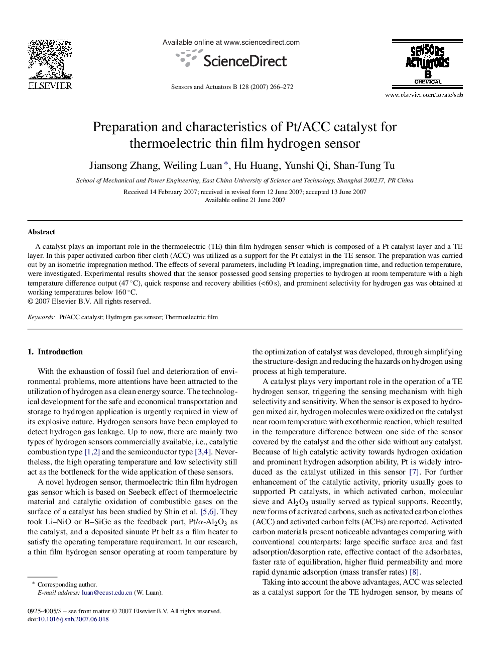 Preparation and characteristics of Pt/ACC catalyst for thermoelectric thin film hydrogen sensor