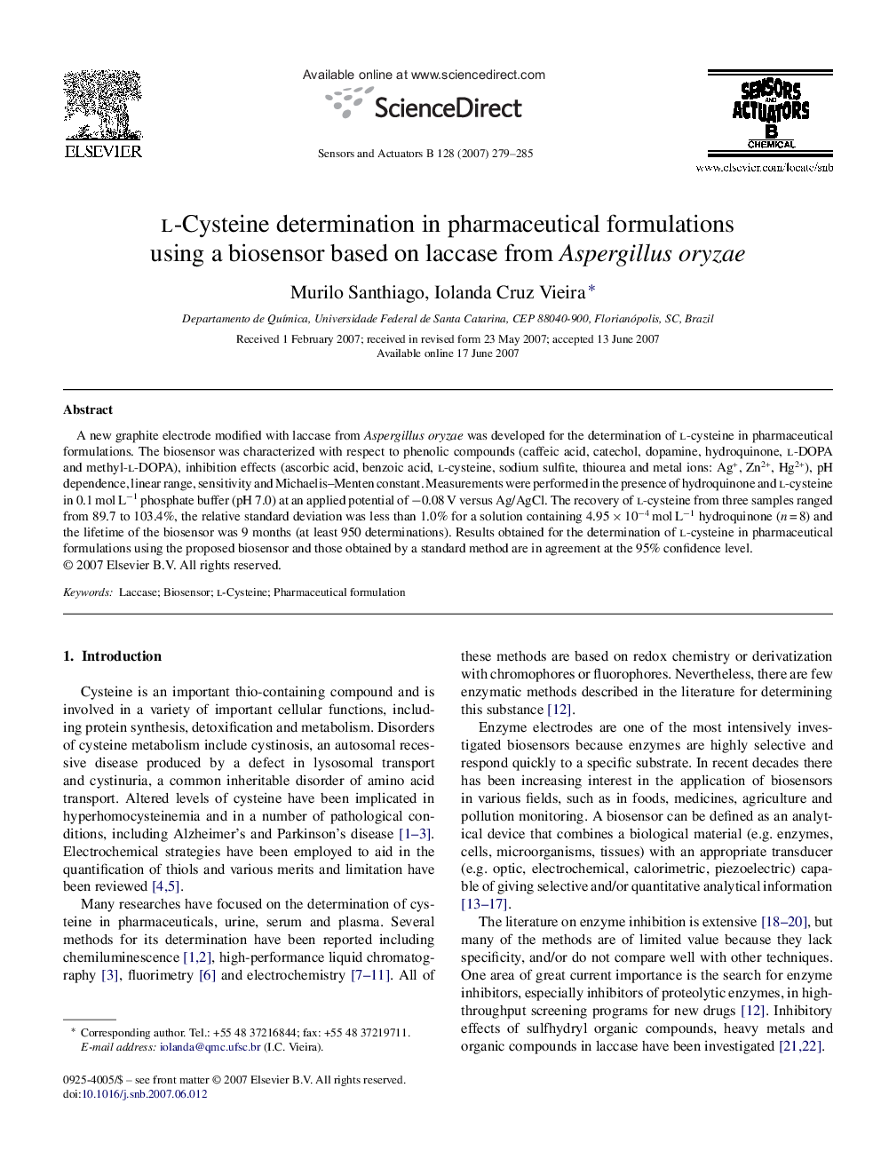 l-Cysteine determination in pharmaceutical formulations using a biosensor based on laccase from Aspergillus oryzae