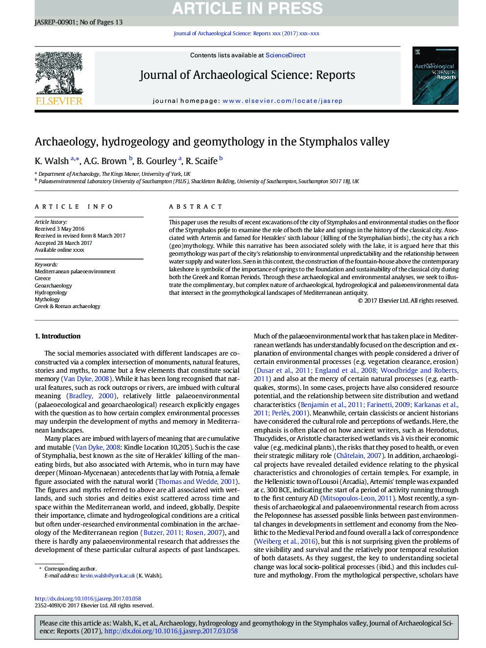 Archaeology, hydrogeology and geomythology in the Stymphalos valley