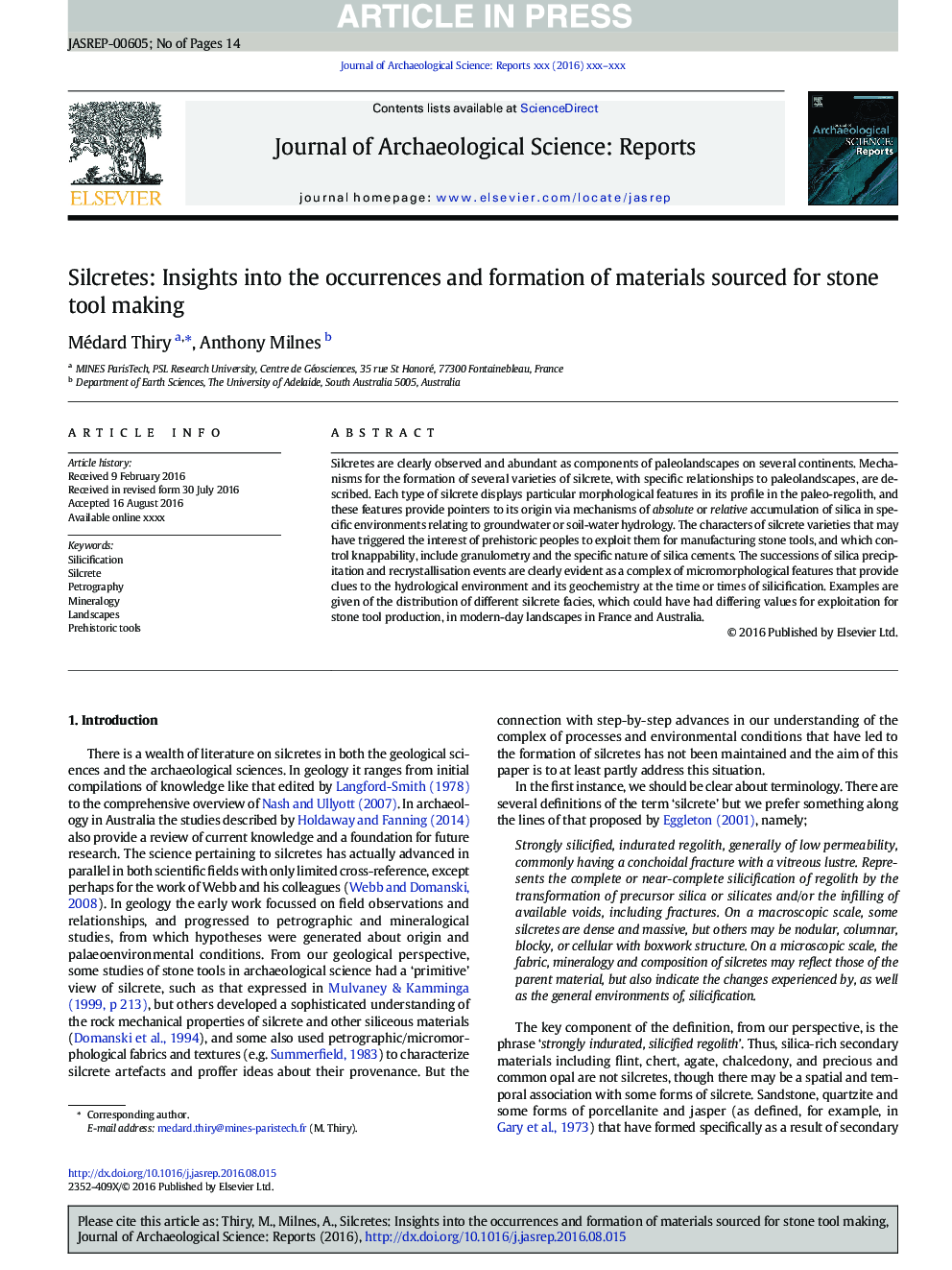 Silcretes: Insights into the occurrences and formation of materials sourced for stone tool making