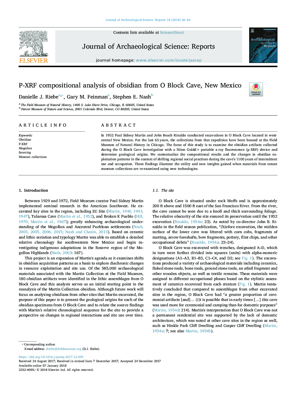 عکس صفحه اول مقاله: P-XRF compositional analysis of obsidian from O Block Cave, New Mexico P-XRF compositional analysis of obsidian from O Block Cave, New Mexico