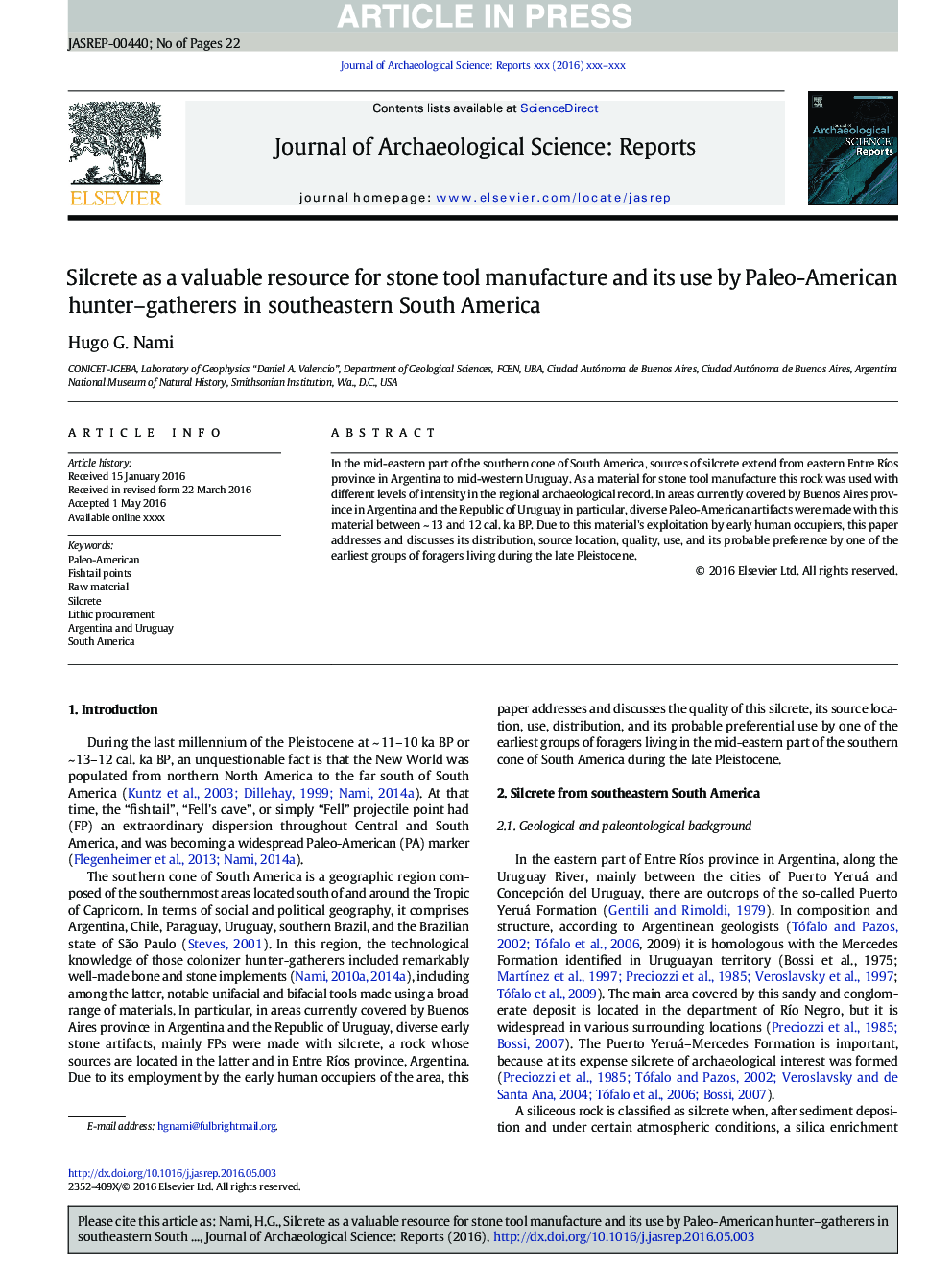 Silcrete as a valuable resource for stone tool manufacture and its use by Paleo-American hunter-gatherers in southeastern South America