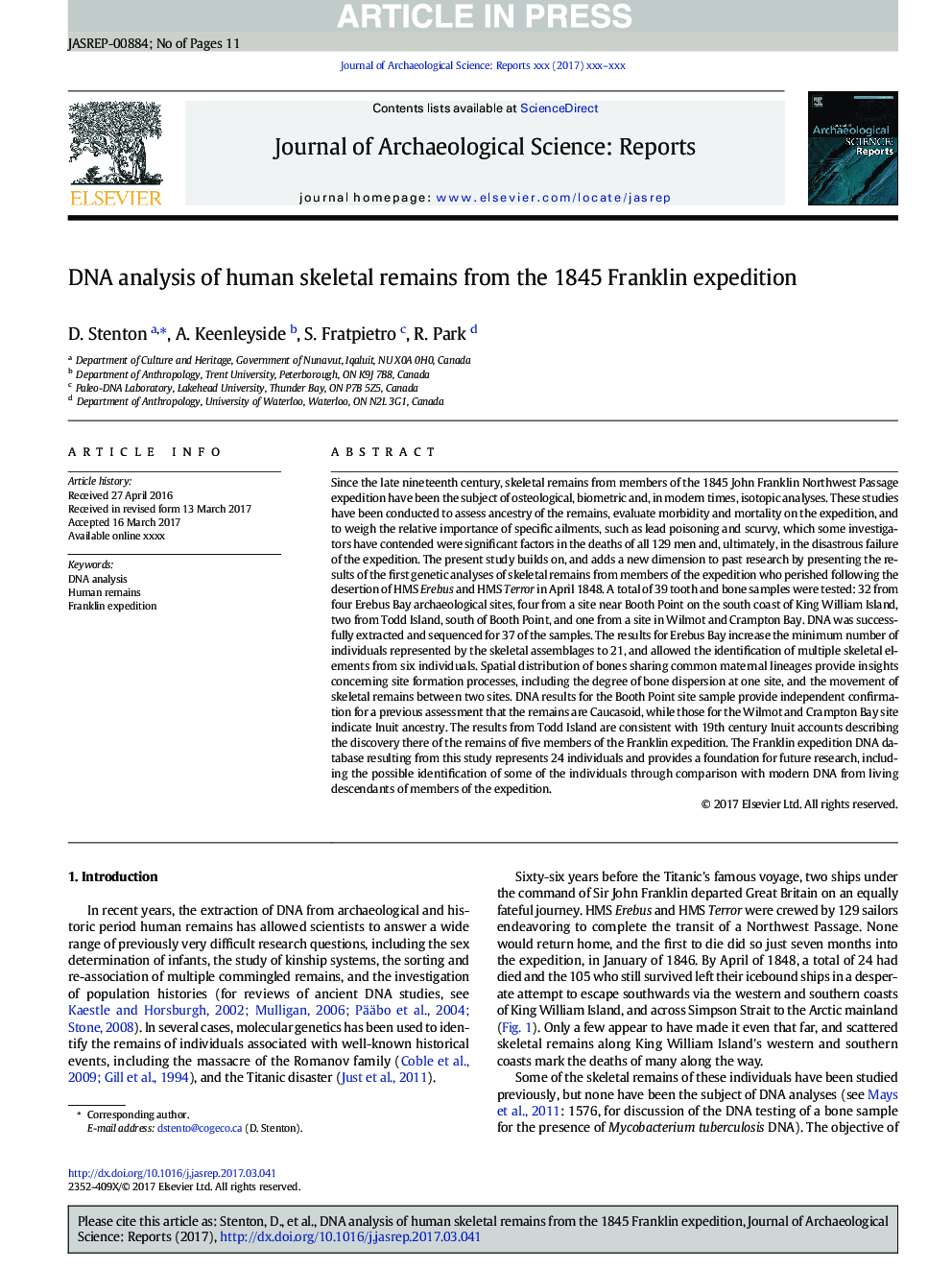 DNA analysis of human skeletal remains from the 1845 Franklin expedition