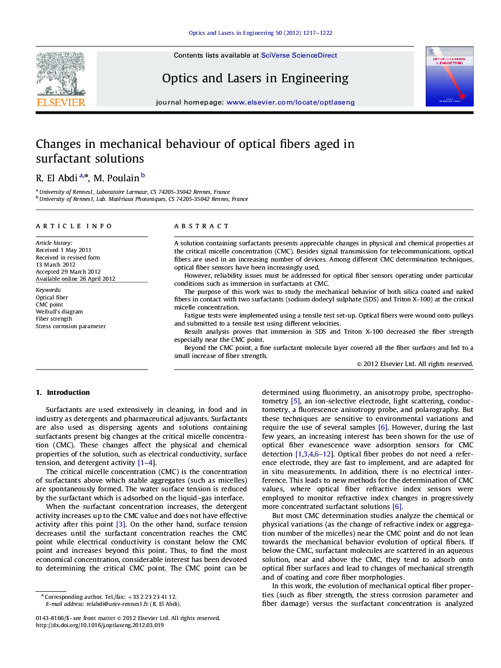 Changes in mechanical behaviour of optical fibers aged in surfactant solutions