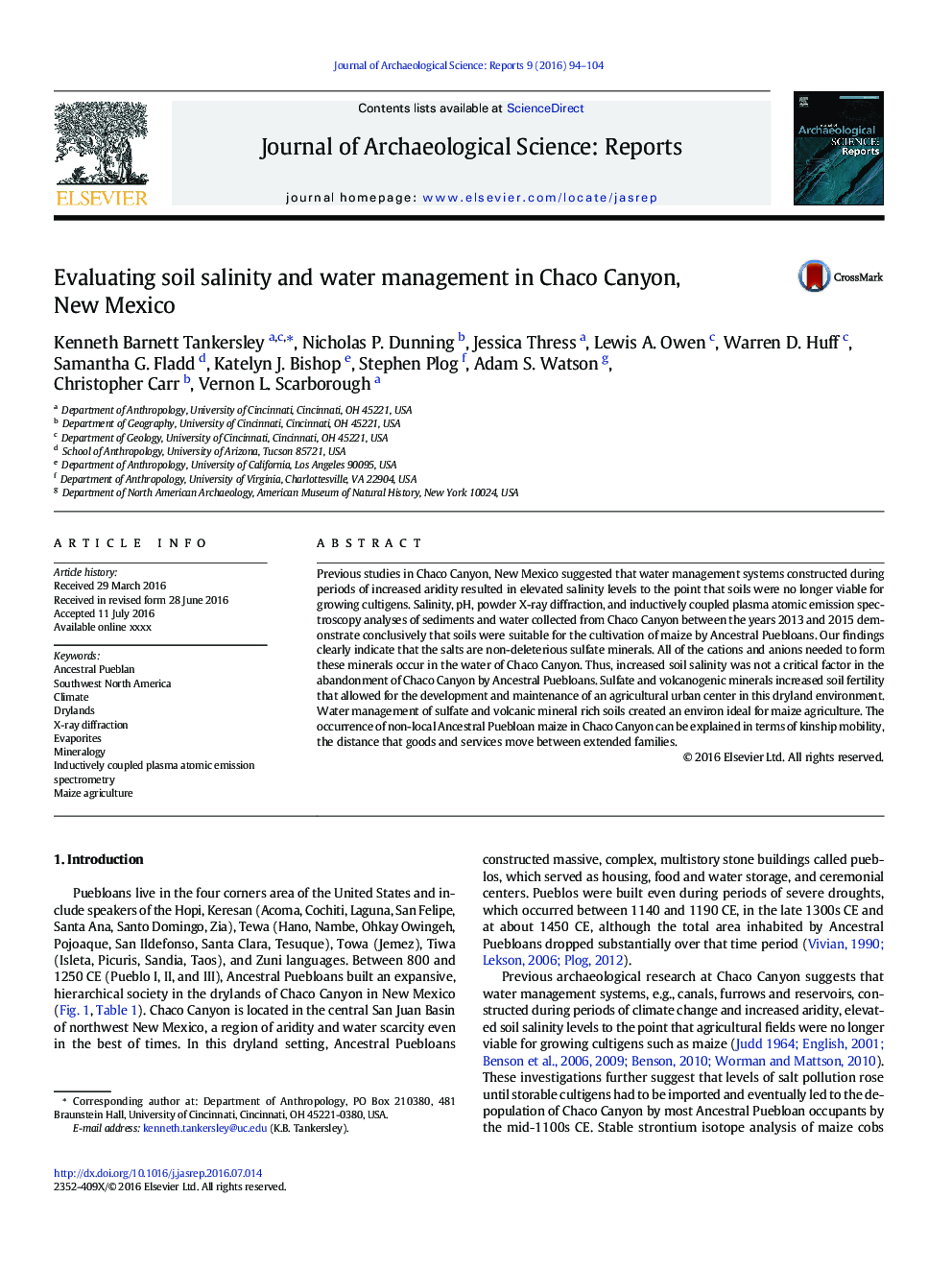 Evaluating soil salinity and water management in Chaco Canyon, New Mexico