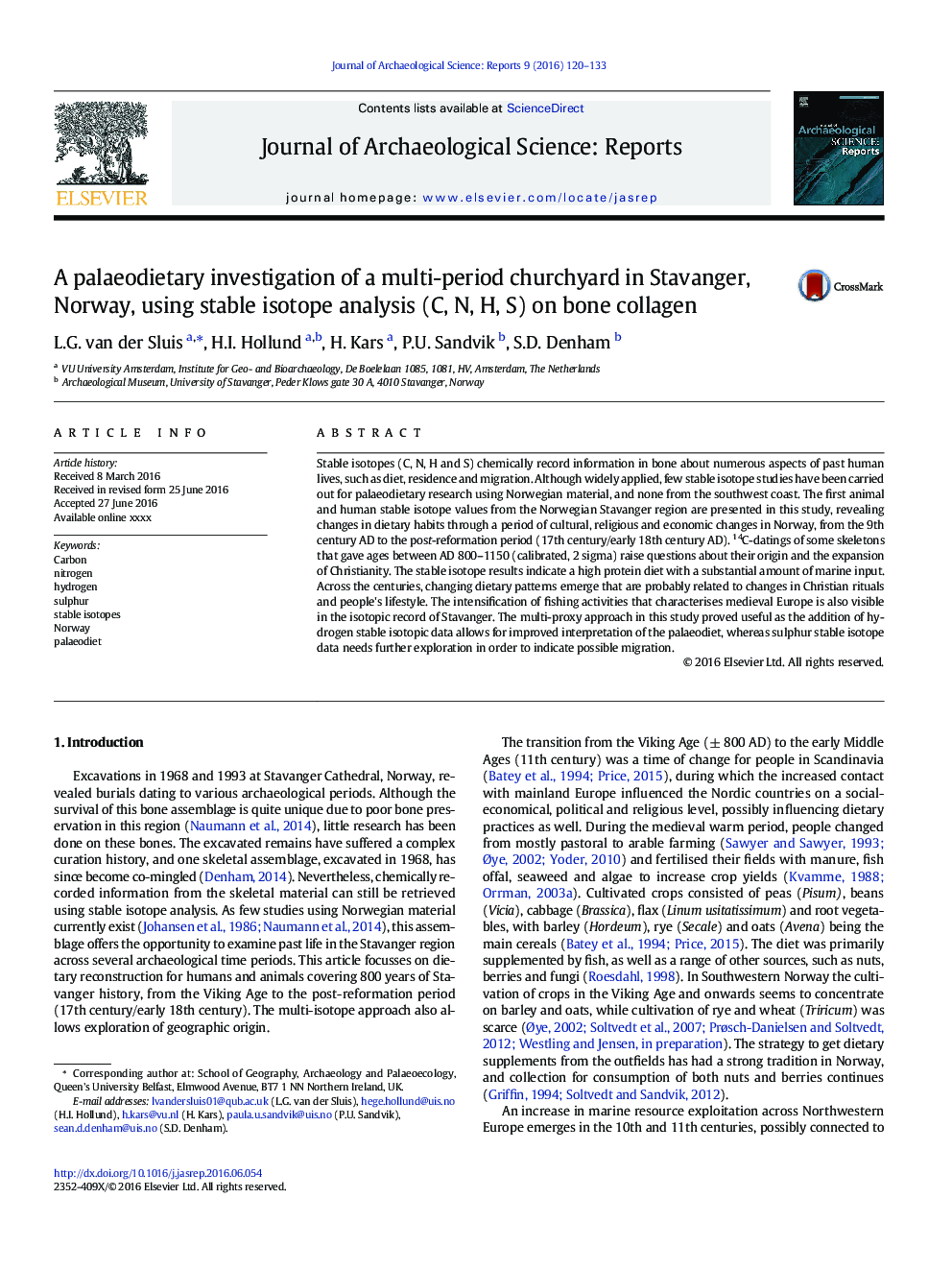 A palaeodietary investigation of a multi-period churchyard in Stavanger, Norway, using stable isotope analysis (C, N, H, S) on bone collagen