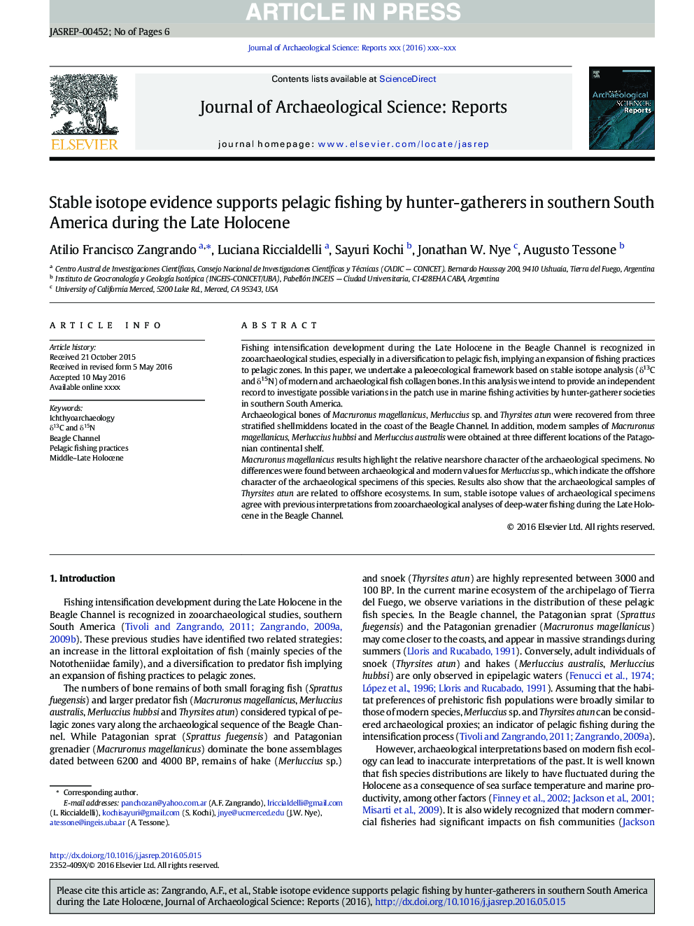 Stable isotope evidence supports pelagic fishing by hunter-gatherers in southern South America during the Late Holocene