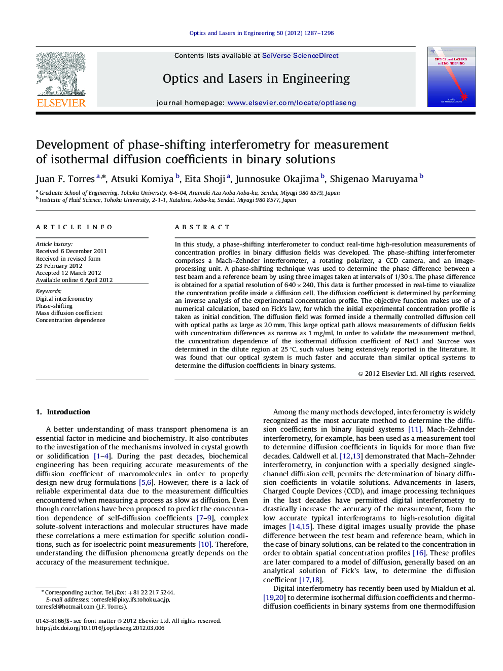 Development of phase-shifting interferometry for measurement of isothermal diffusion coefficients in binary solutions