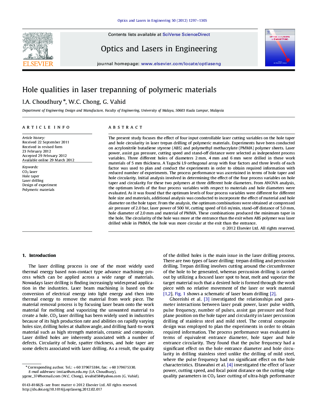 Hole qualities in laser trepanning of polymeric materials