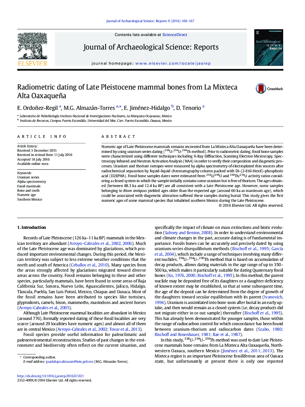 Radiometric dating of Late Pleistocene mammal bones from La Mixteca Alta Oaxaqueña