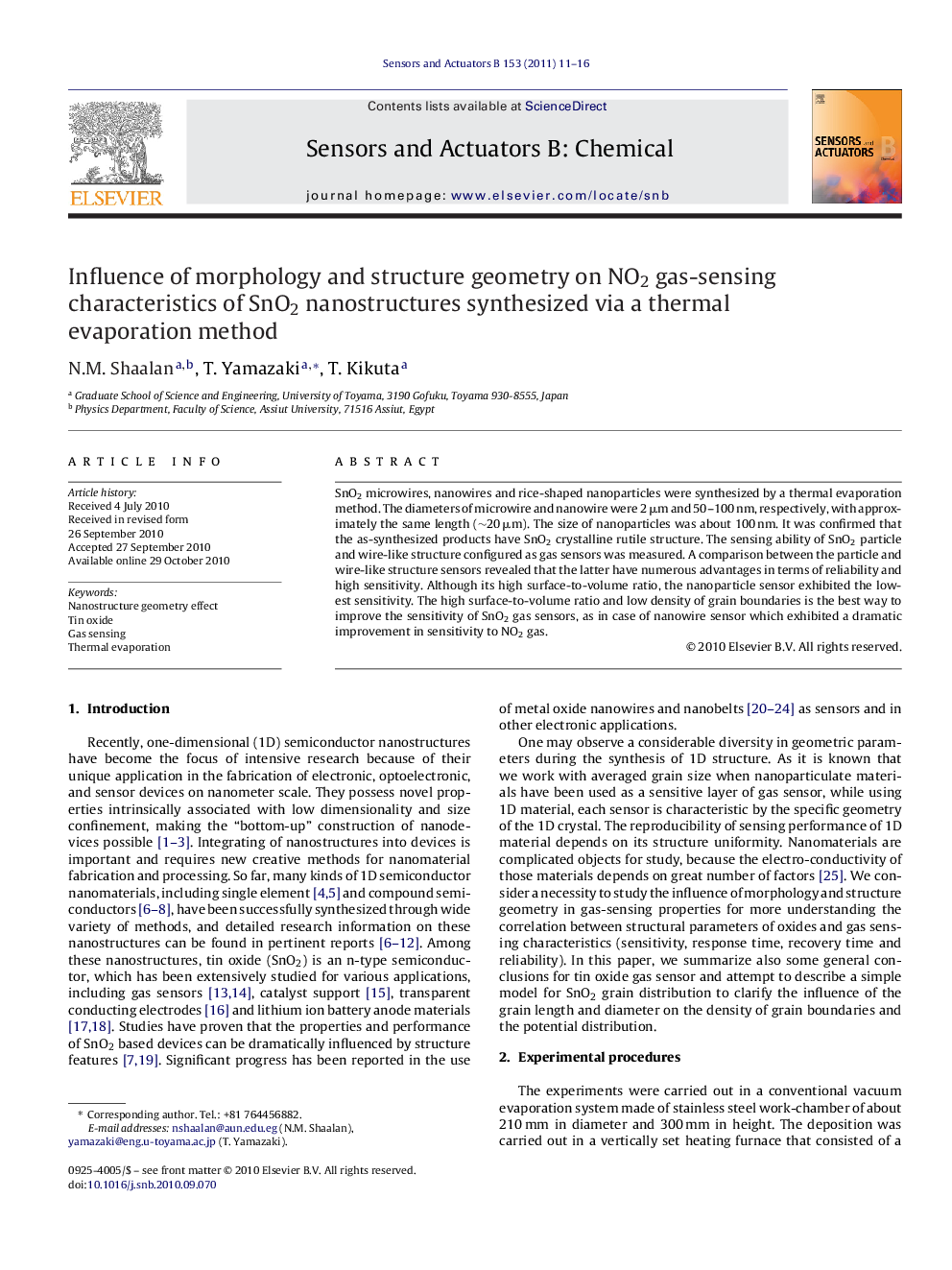 Influence of morphology and structure geometry on NO2 gas-sensing characteristics of SnO2 nanostructures synthesized via a thermal evaporation method