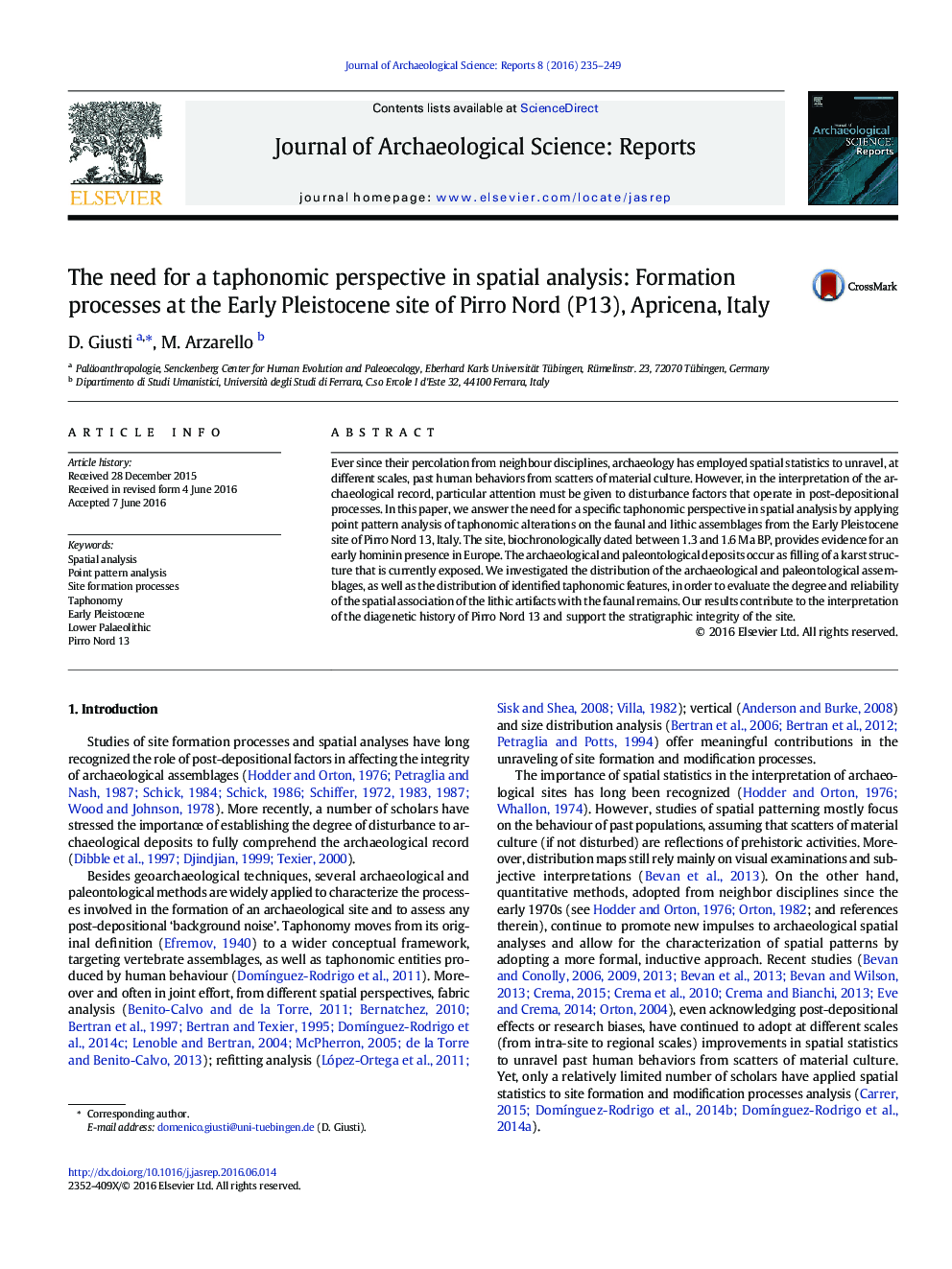 The need for a taphonomic perspective in spatial analysis: Formation processes at the Early Pleistocene site of Pirro Nord (P13), Apricena, Italy