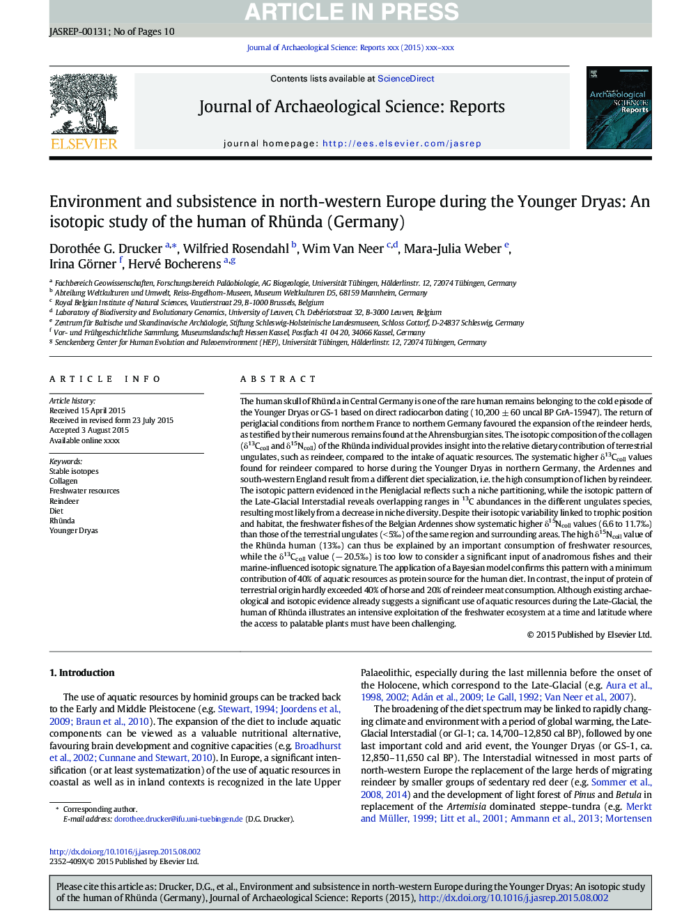 Environment and subsistence in north-western Europe during the Younger Dryas: An isotopic study of the human of Rhünda (Germany)