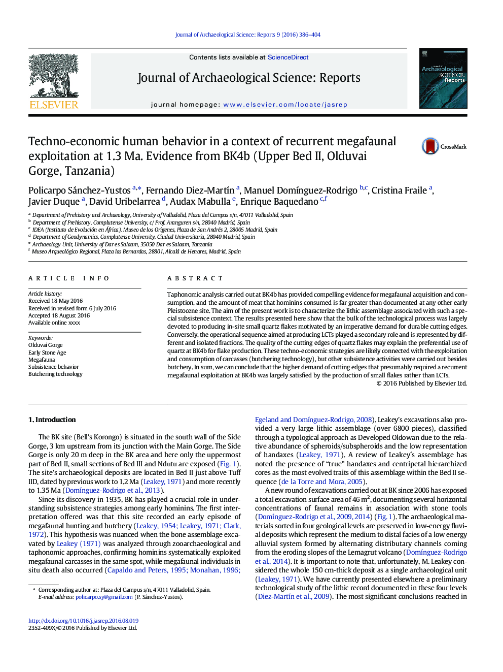 Techno-economic human behavior in a context of recurrent megafaunal exploitation at 1.3Â Ma. Evidence from BK4b (Upper Bed II, Olduvai Gorge, Tanzania)