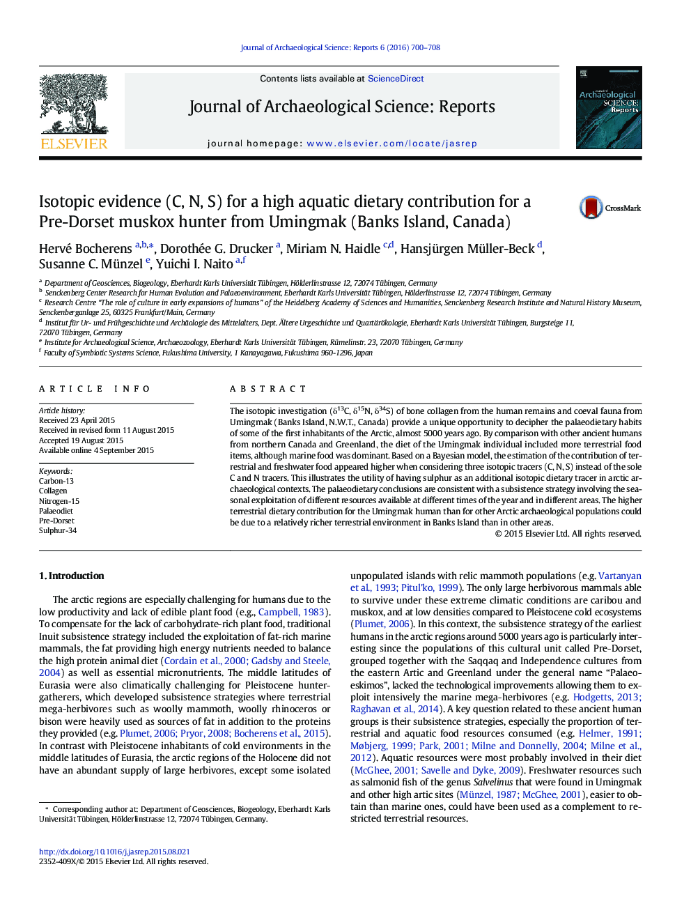 Isotopic evidence (C, N, S) for a high aquatic dietary contribution for a Pre-Dorset muskox hunter from Umingmak (Banks Island, Canada)