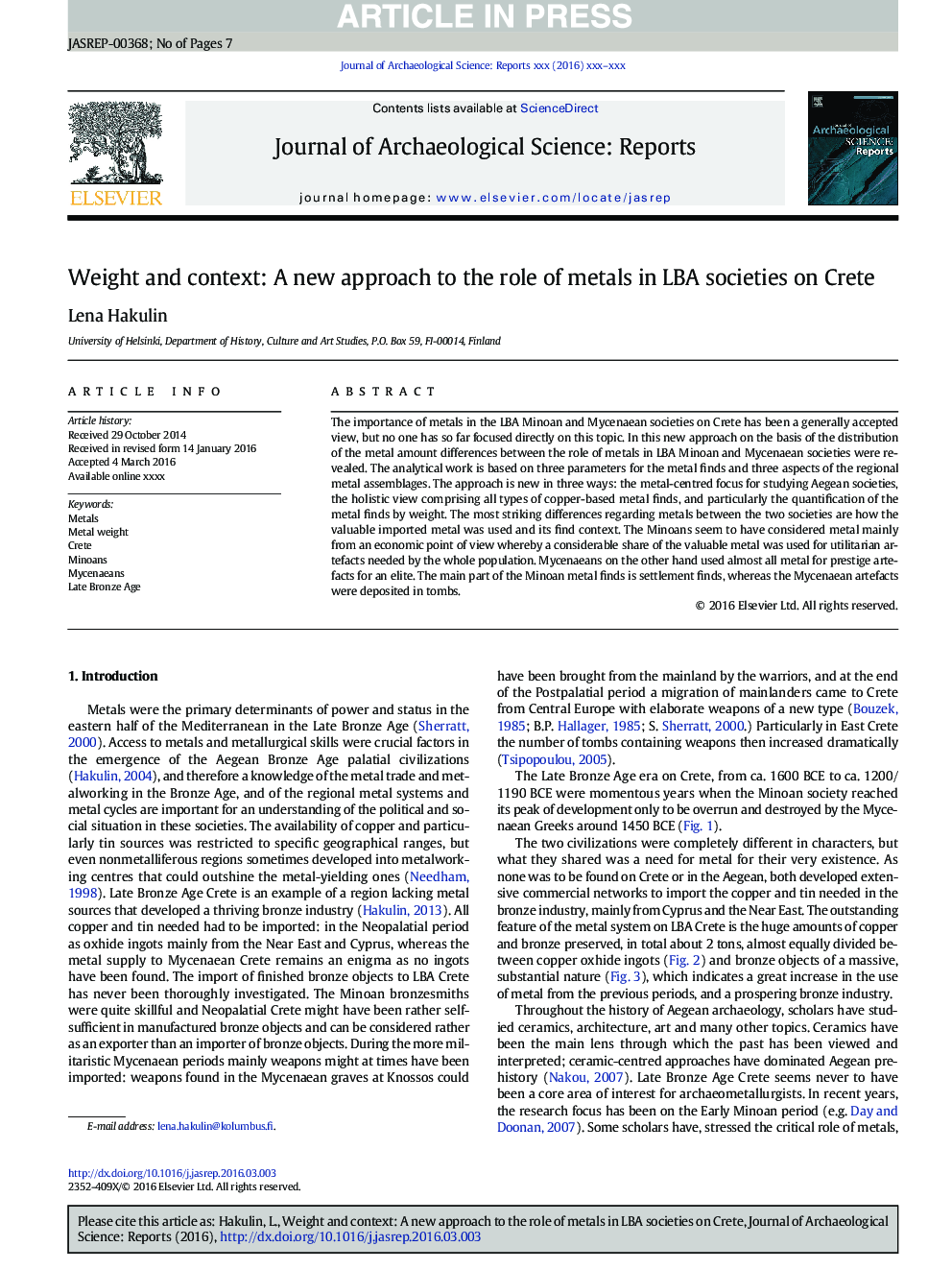 Weight and context: A new approach to the role of metals in LBA societies on Crete