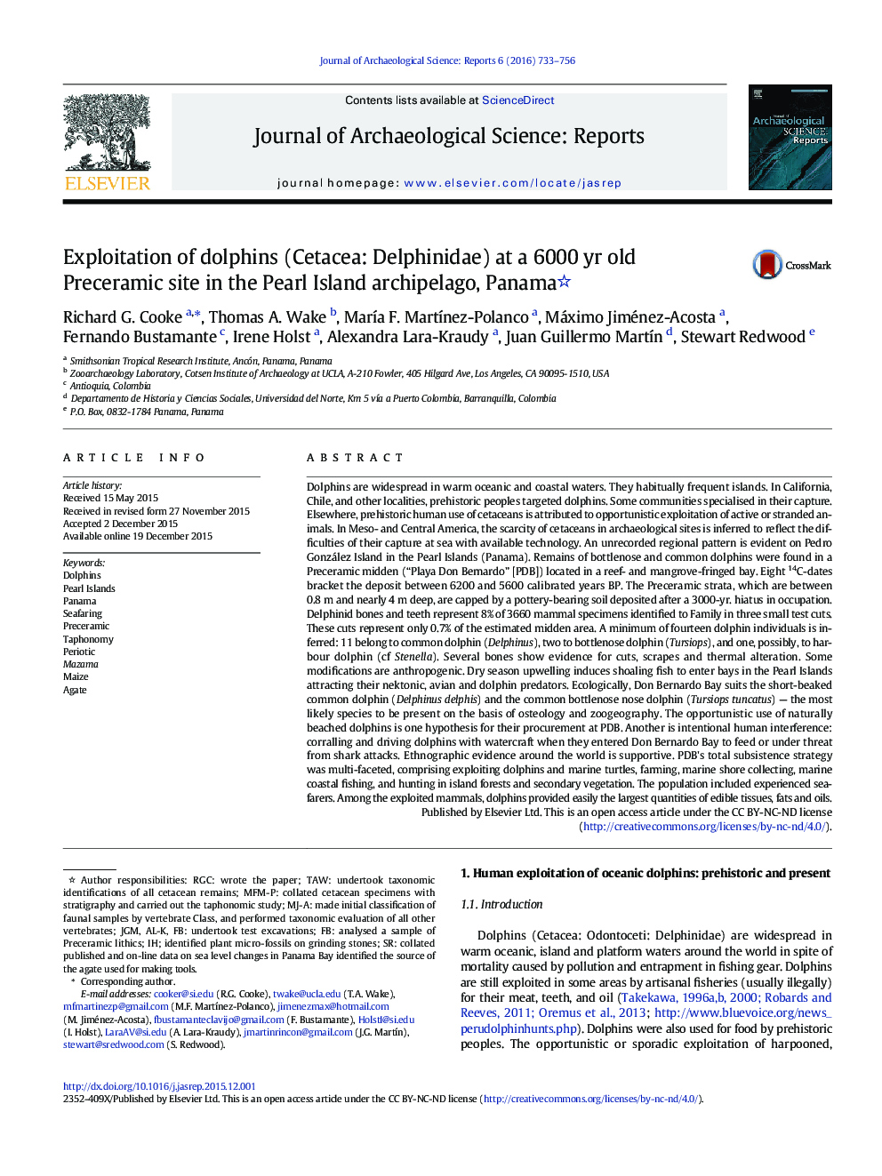 Exploitation of dolphins (Cetacea: Delphinidae) at a 6000Â yr old Preceramic site in the Pearl Island archipelago, Panama