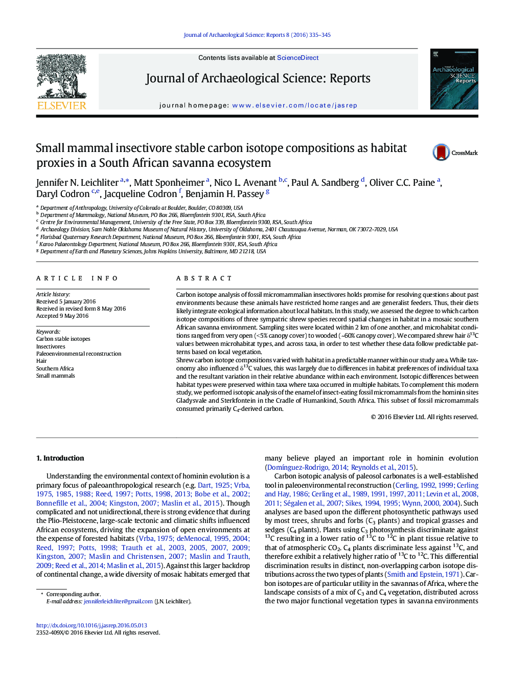 Small mammal insectivore stable carbon isotope compositions as habitat proxies in a South African savanna ecosystem