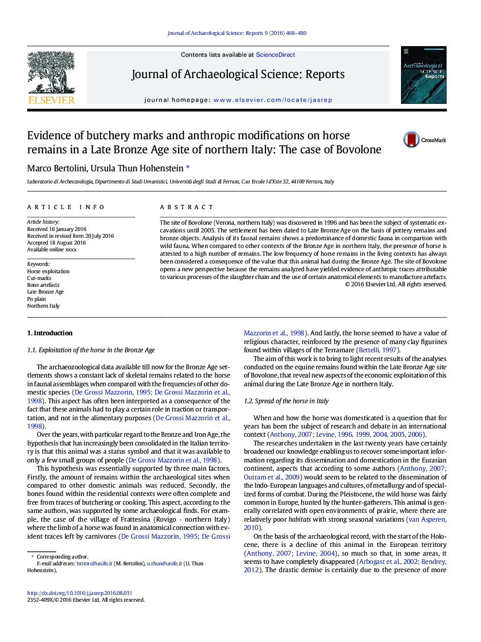 Evidence of butchery marks and anthropic modifications on horse remains in a Late Bronze Age site of northern Italy: The case of Bovolone