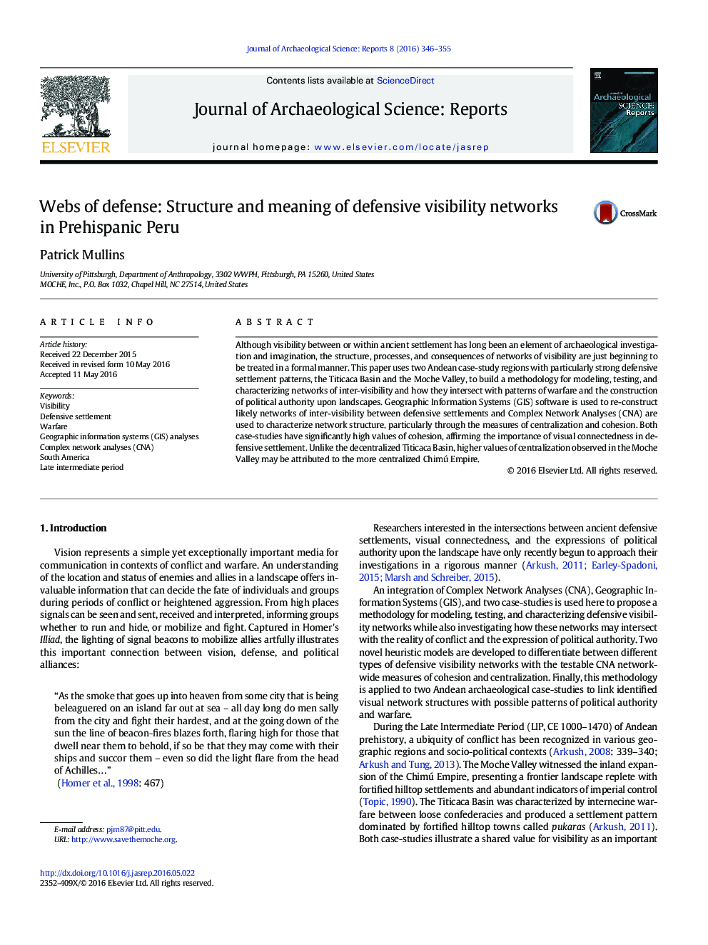 Webs of defense: Structure and meaning of defensive visibility networks in Prehispanic Peru