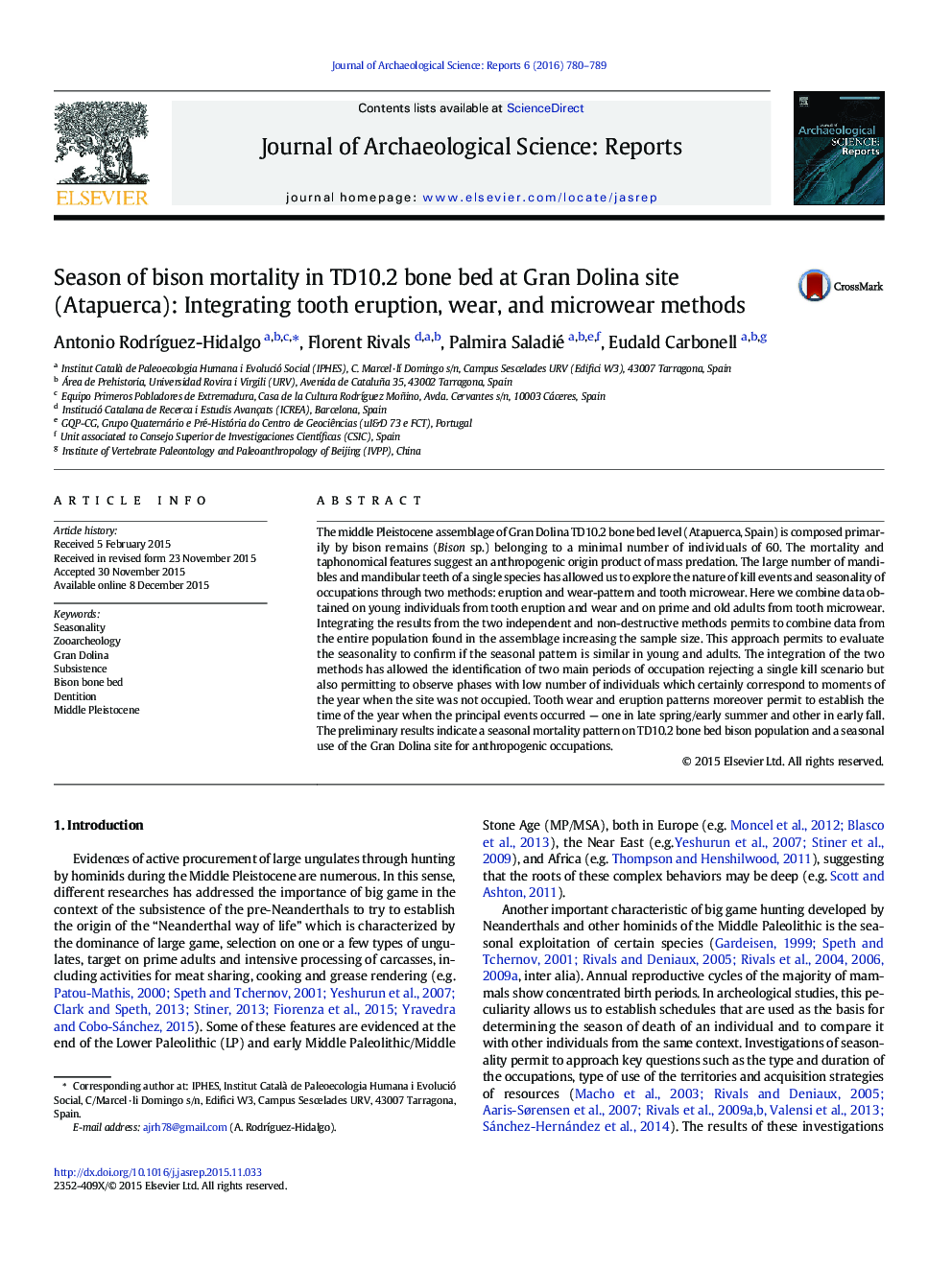عکس صفحه اول مقاله: Season of bison mortality in TD10.2 bone bed at Gran Dolina site (Atapuerca): Integrating tooth eruption, wear, and microwear methods Season of bison mortality in TD10.2 bone bed at Gran Dolina site (Atapuerca): Integrating tooth eruption, wear, and microwear methods
