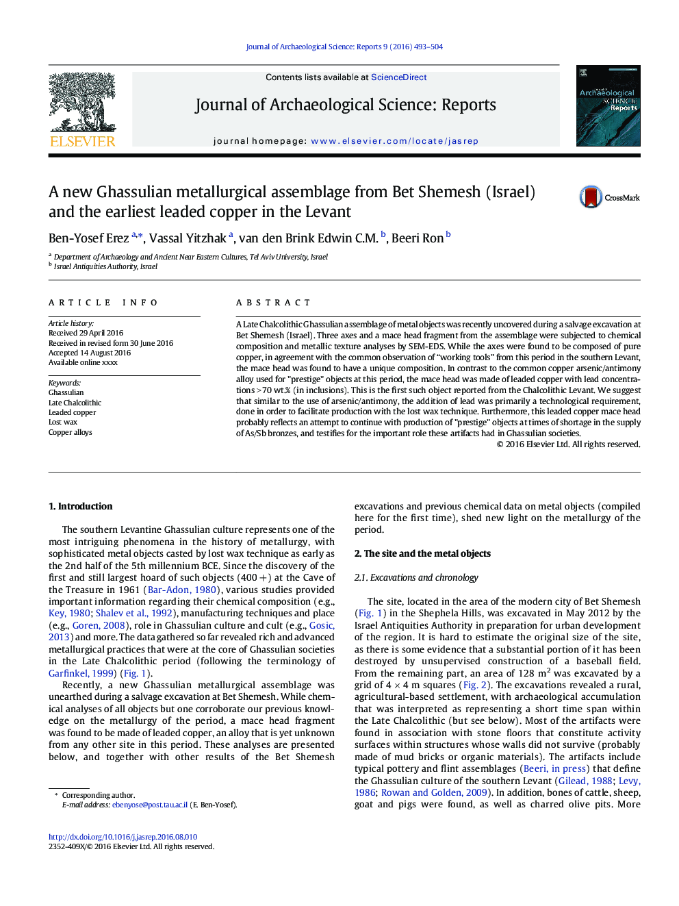 A new Ghassulian metallurgical assemblage from Bet Shemesh (Israel) and the earliest leaded copper in the Levant