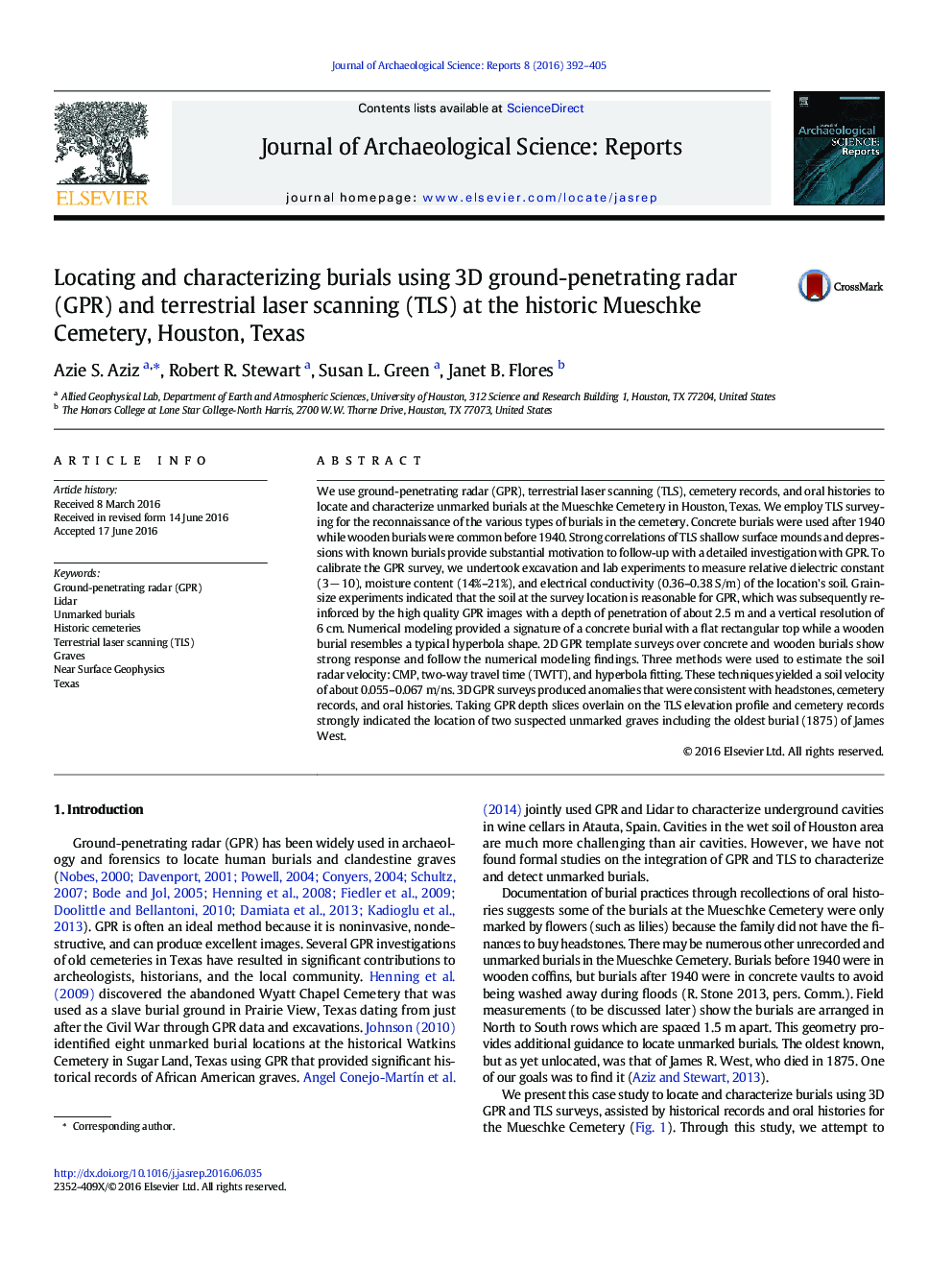 Locating and characterizing burials using 3D ground-penetrating radar (GPR) and terrestrial laser scanning (TLS) at the historic Mueschke Cemetery, Houston, Texas