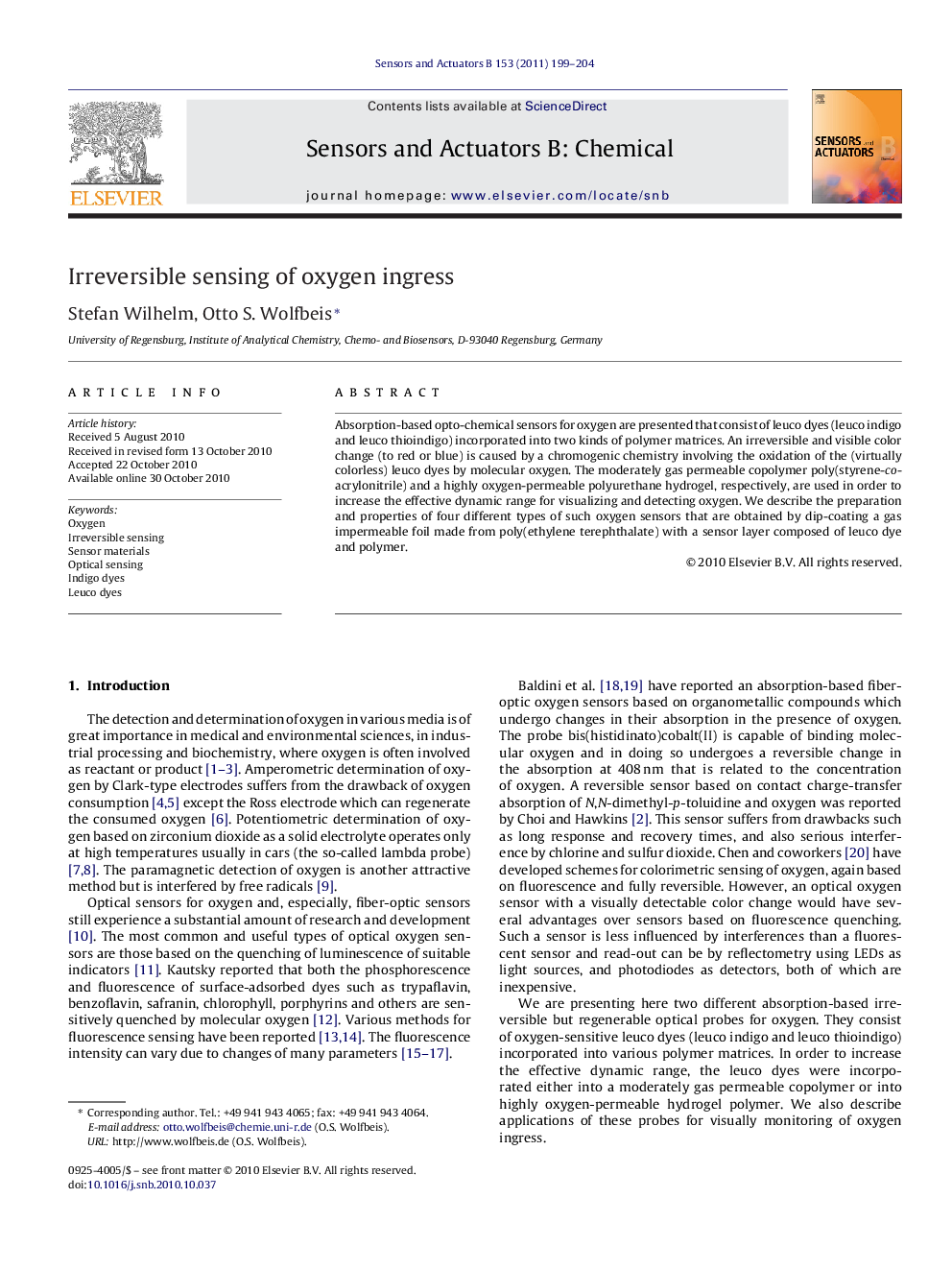 Irreversible sensing of oxygen ingress