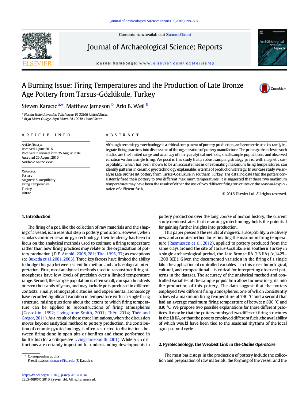 A Burning Issue: Firing Temperatures and the Production of Late Bronze Age Pottery from Tarsus-Gözlükule, Turkey