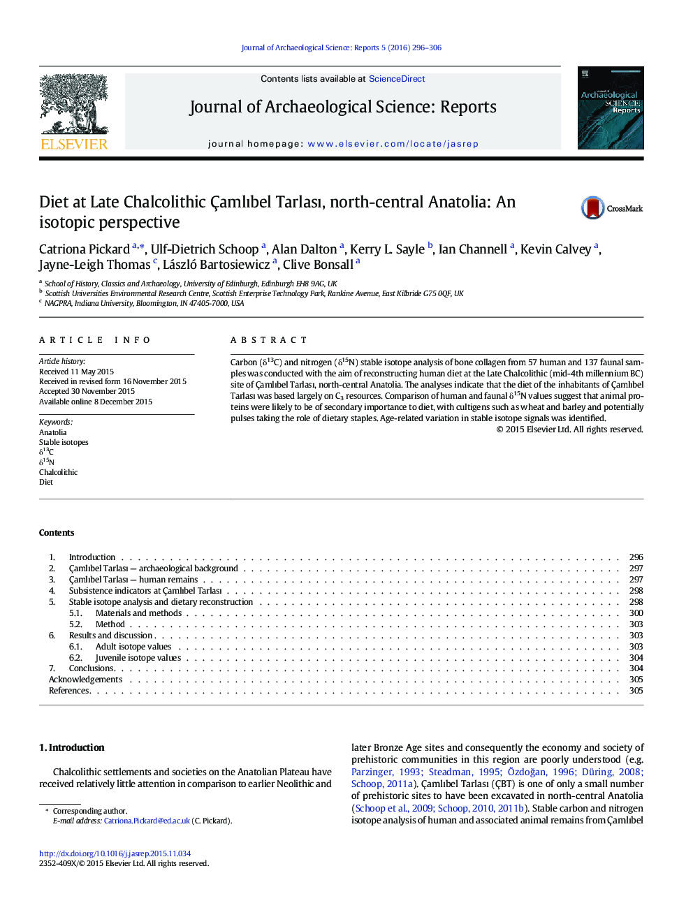 Diet at Late Chalcolithic ÃamlÄ±bel TarlasÄ±, north-central Anatolia: An isotopic perspective