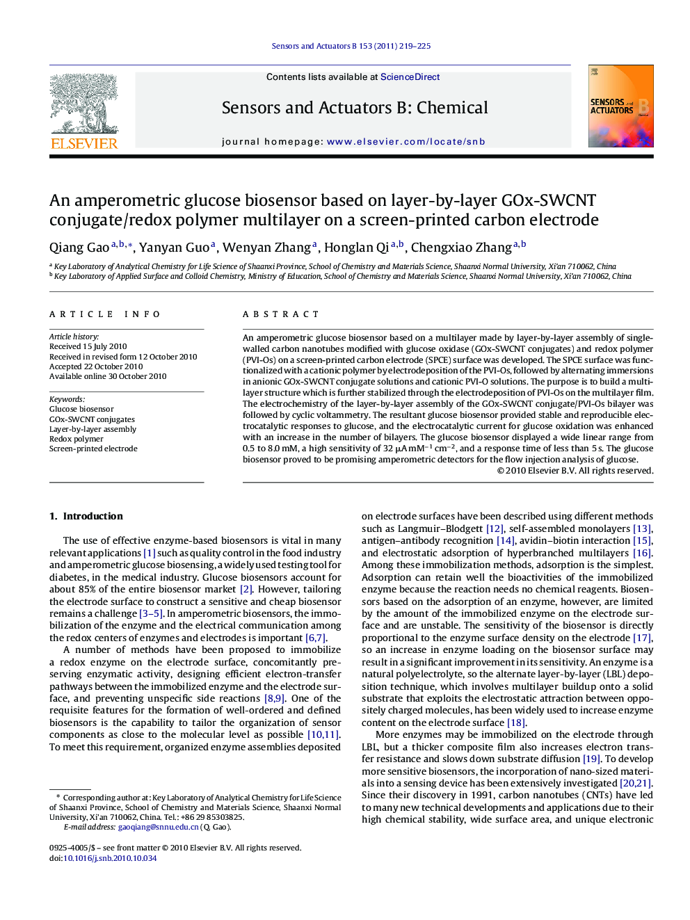 An amperometric glucose biosensor based on layer-by-layer GOx-SWCNT conjugate/redox polymer multilayer on a screen-printed carbon electrode