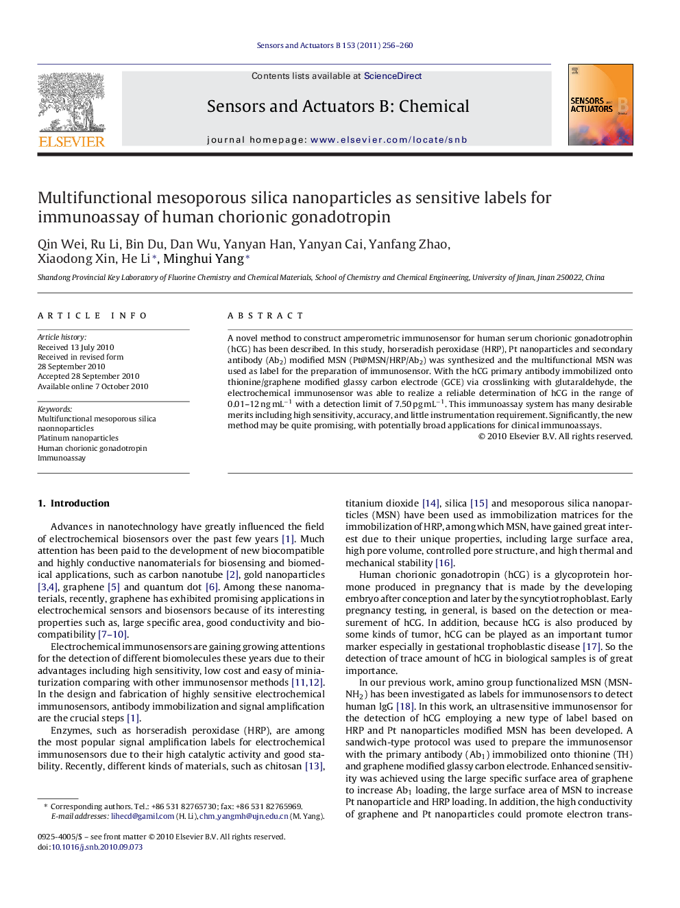 Multifunctional mesoporous silica nanoparticles as sensitive labels for immunoassay of human chorionic gonadotropin