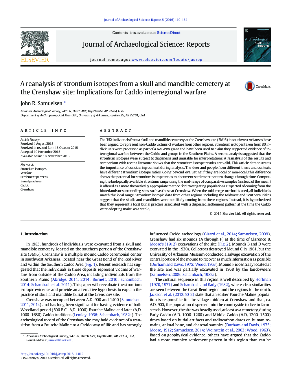 A reanalysis of strontium isotopes from a skull and mandible cemetery at the Crenshaw site: Implications for Caddo interregional warfare