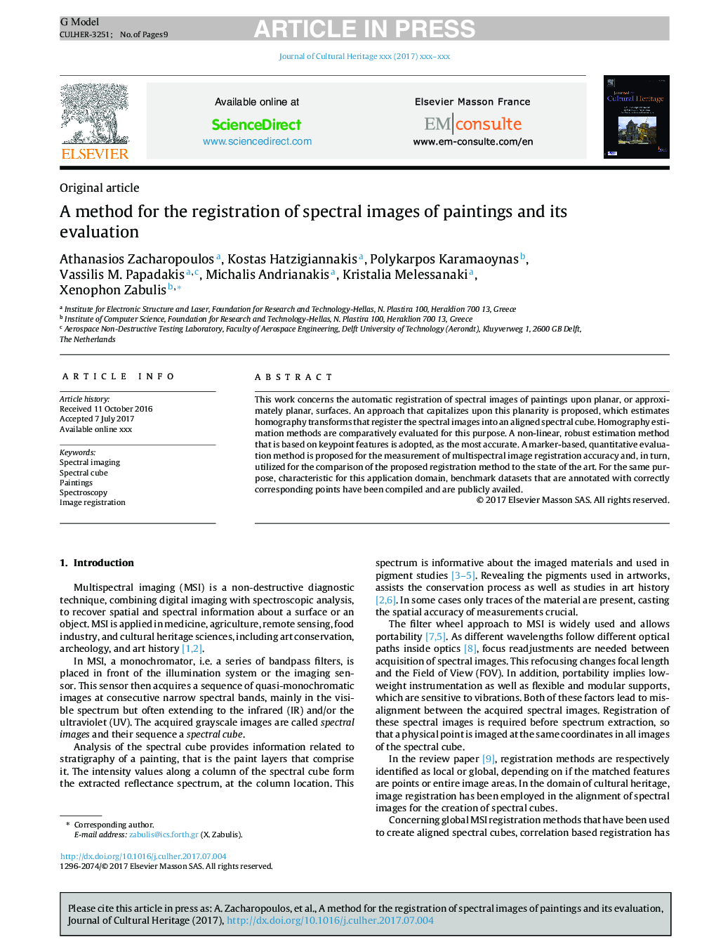 A method for the registration of spectral images of paintings and its evaluation