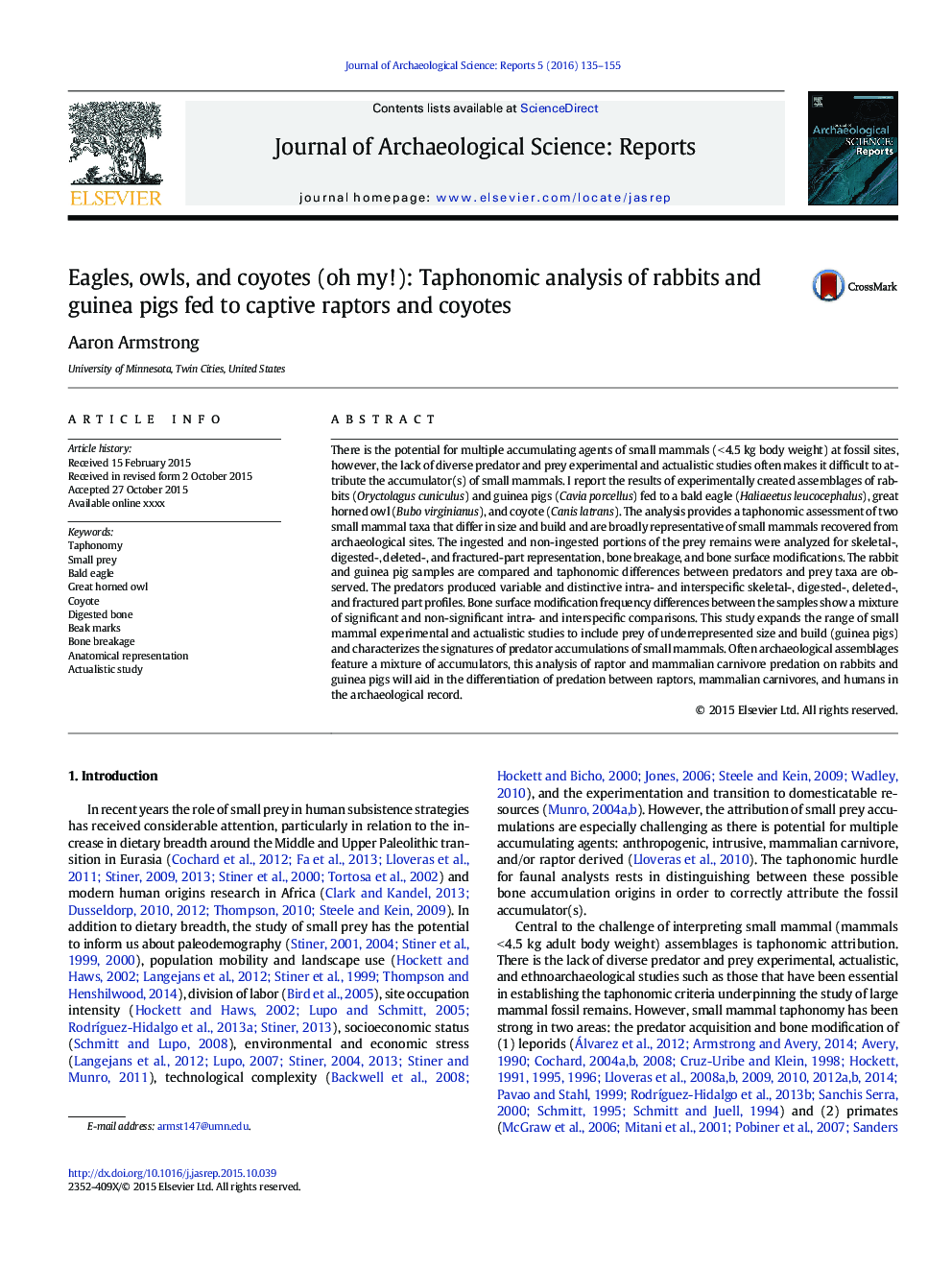 Eagles, owls, and coyotes (oh my!): Taphonomic analysis of rabbits and guinea pigs fed to captive raptors and coyotes