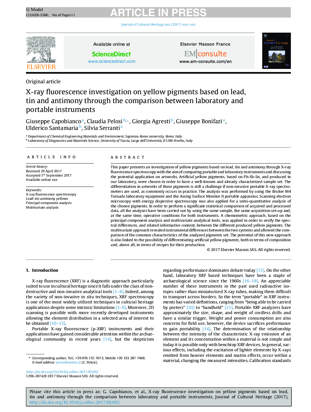 X-ray fluorescence investigation on yellow pigments based on lead, tin and antimony through the comparison between laboratory and portable instruments