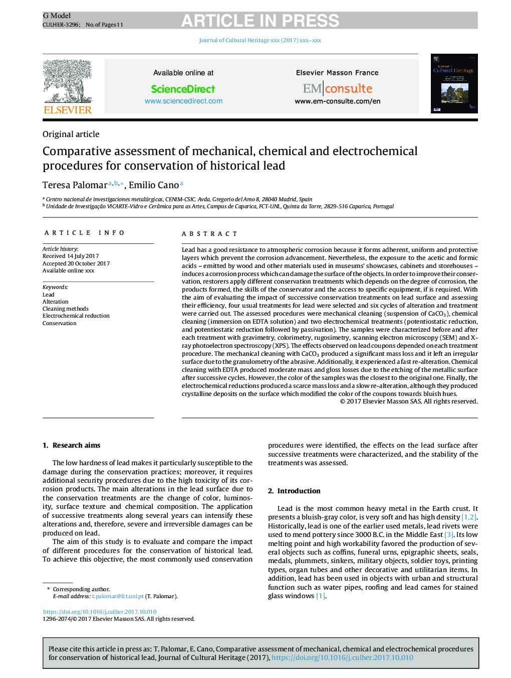 Comparative assessment of mechanical, chemical and electrochemical procedures for conservation of historical lead