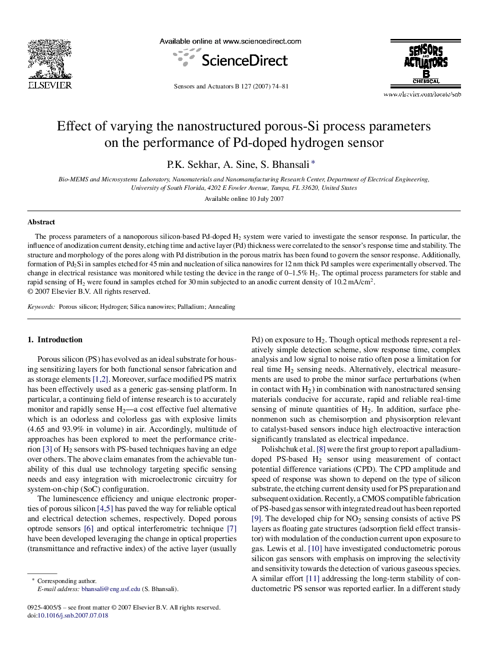 Effect of varying the nanostructured porous-Si process parameters on the performance of Pd-doped hydrogen sensor