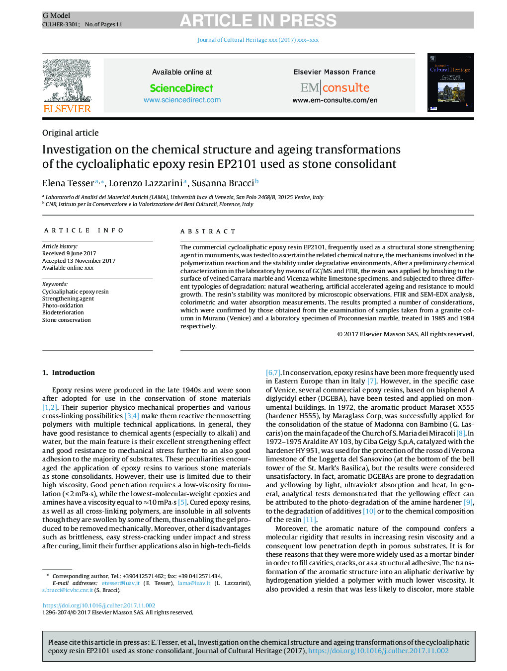 Investigation on the chemical structure and ageing transformations of the cycloaliphatic epoxy resin EP2101 used as stone consolidant