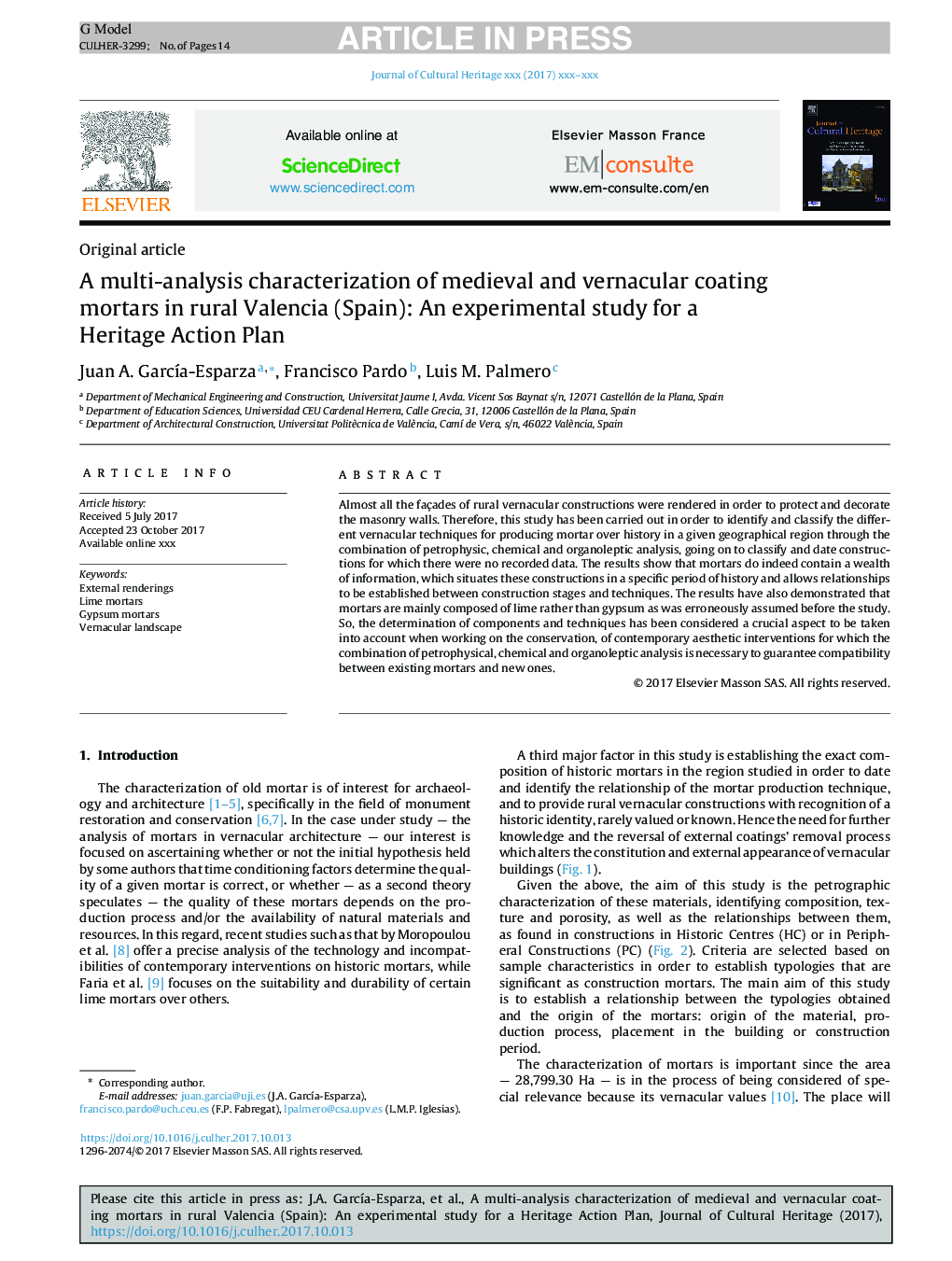 A multi-analysis characterization of medieval and vernacular coating mortars in rural Valencia (Spain): An experimental study for a Heritage Action Plan