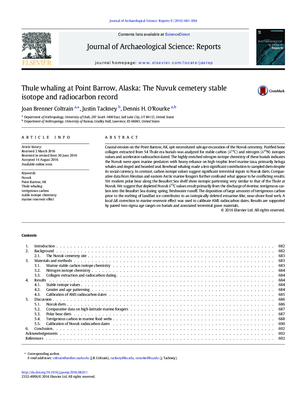 Thule whaling at Point Barrow, Alaska: The Nuvuk cemetery stable isotope and radiocarbon record